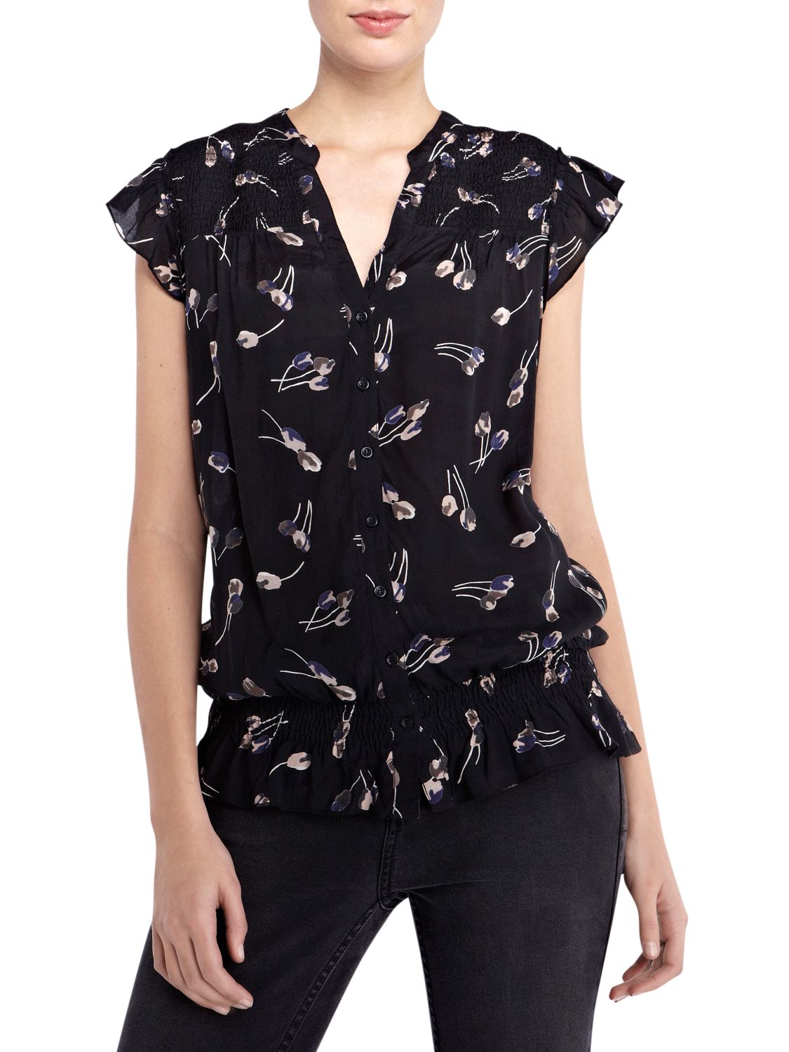 Smocked Printed Blouse, Multi Black