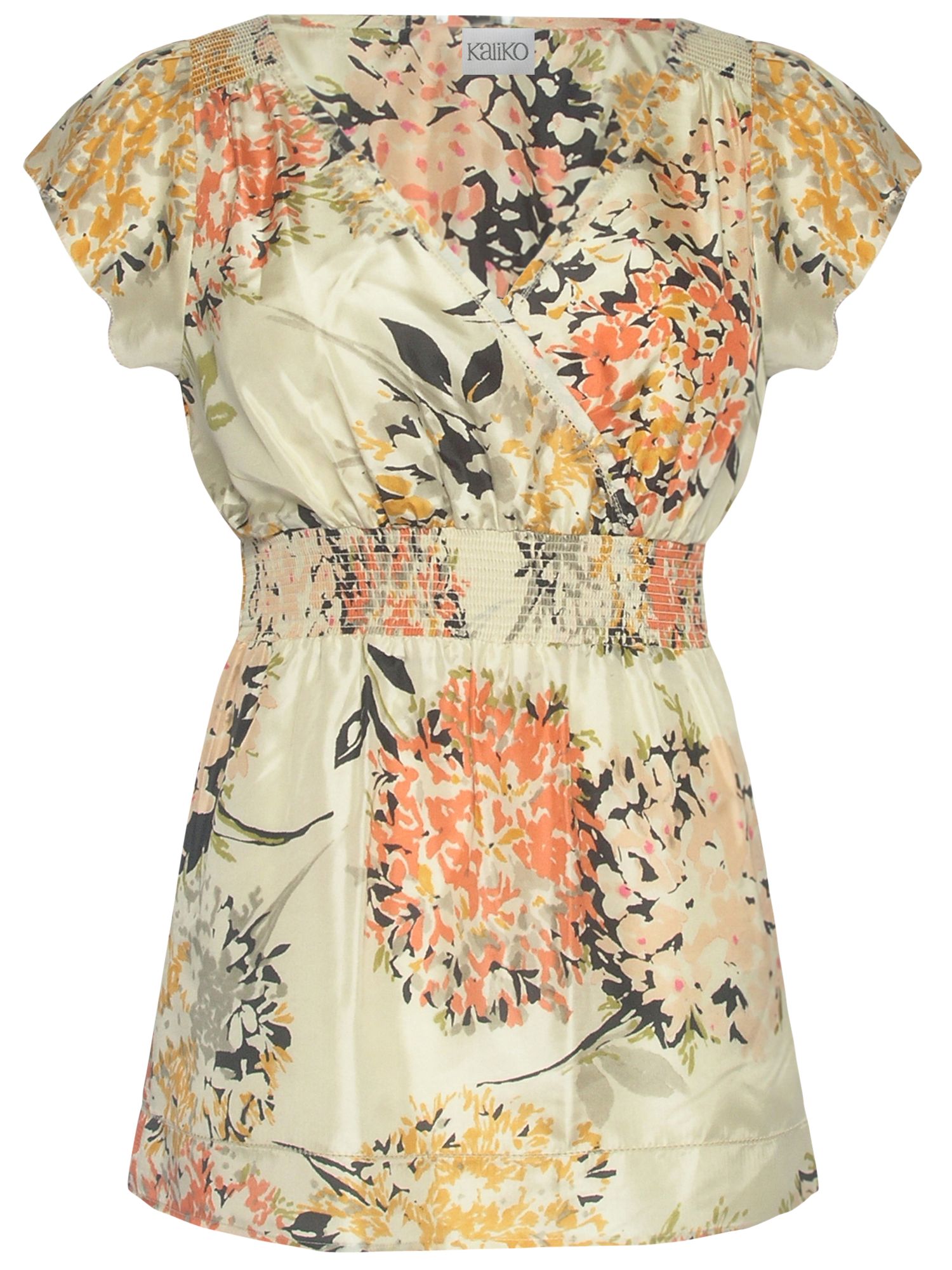 Kaliko Bouquet Print Ruched Waist Silk Blouse,