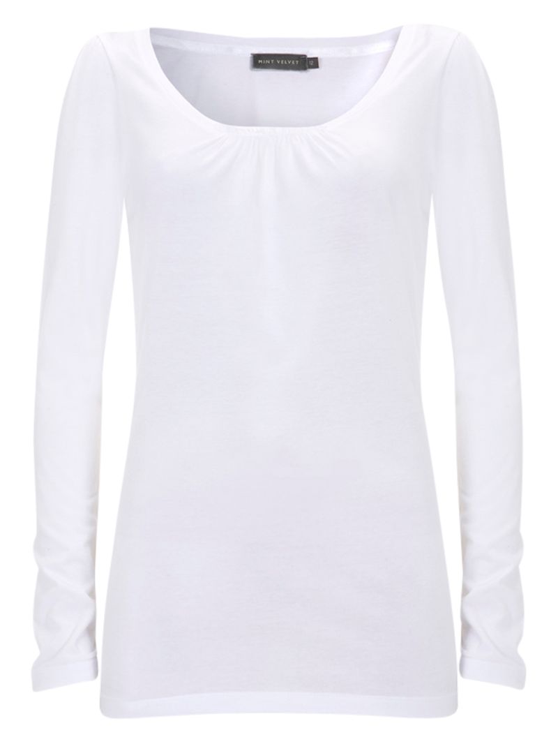 Mint Velvet Ruched Long Sleeve T-Shirt, White
