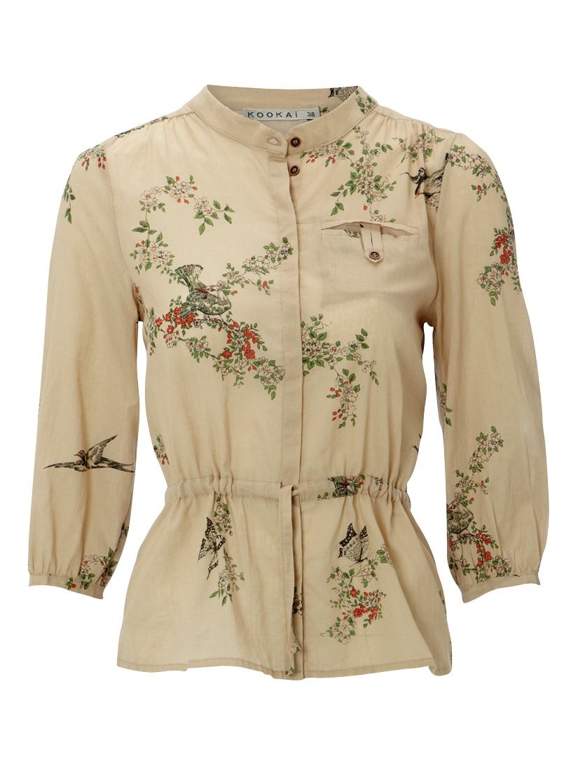 Bird Print Cotton Blouse, Beige