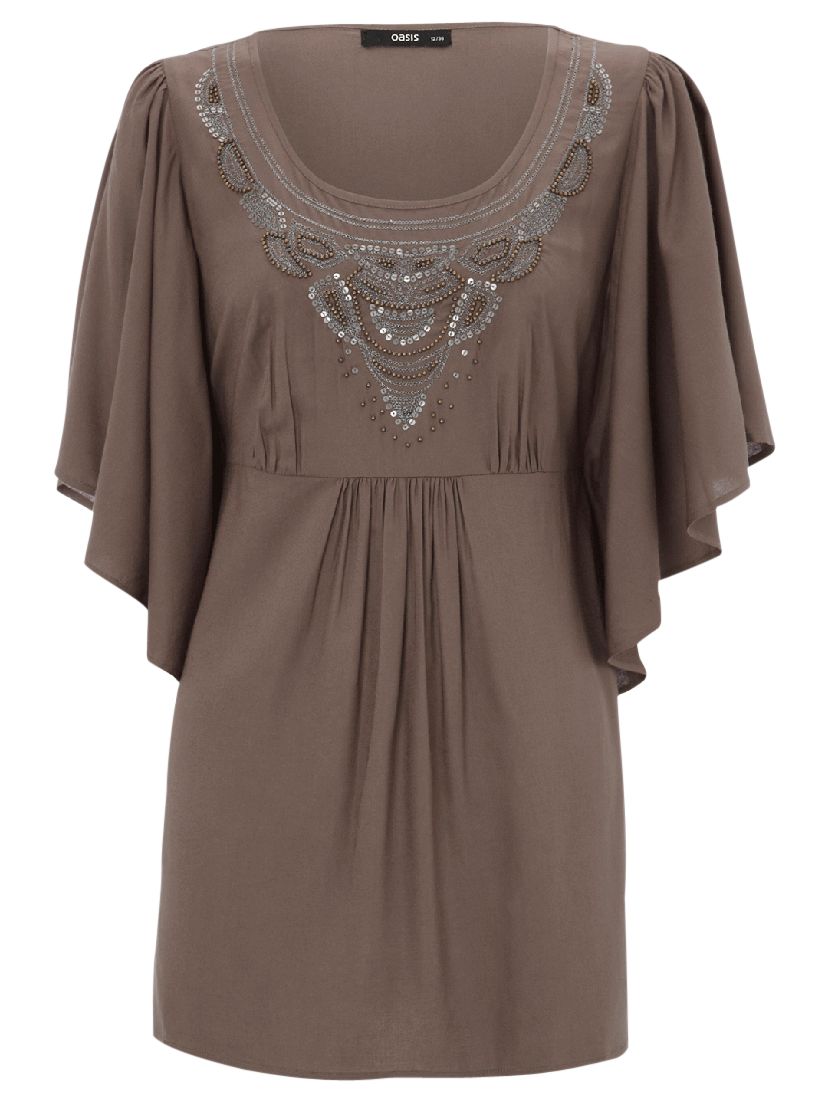 Oasis Embellished Angel Sleeve Blouse, Light brown