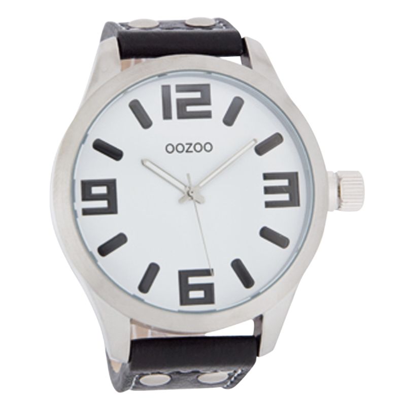 Ozoo C4064 Unisex Large Round White Face Black Leather Strap Watch