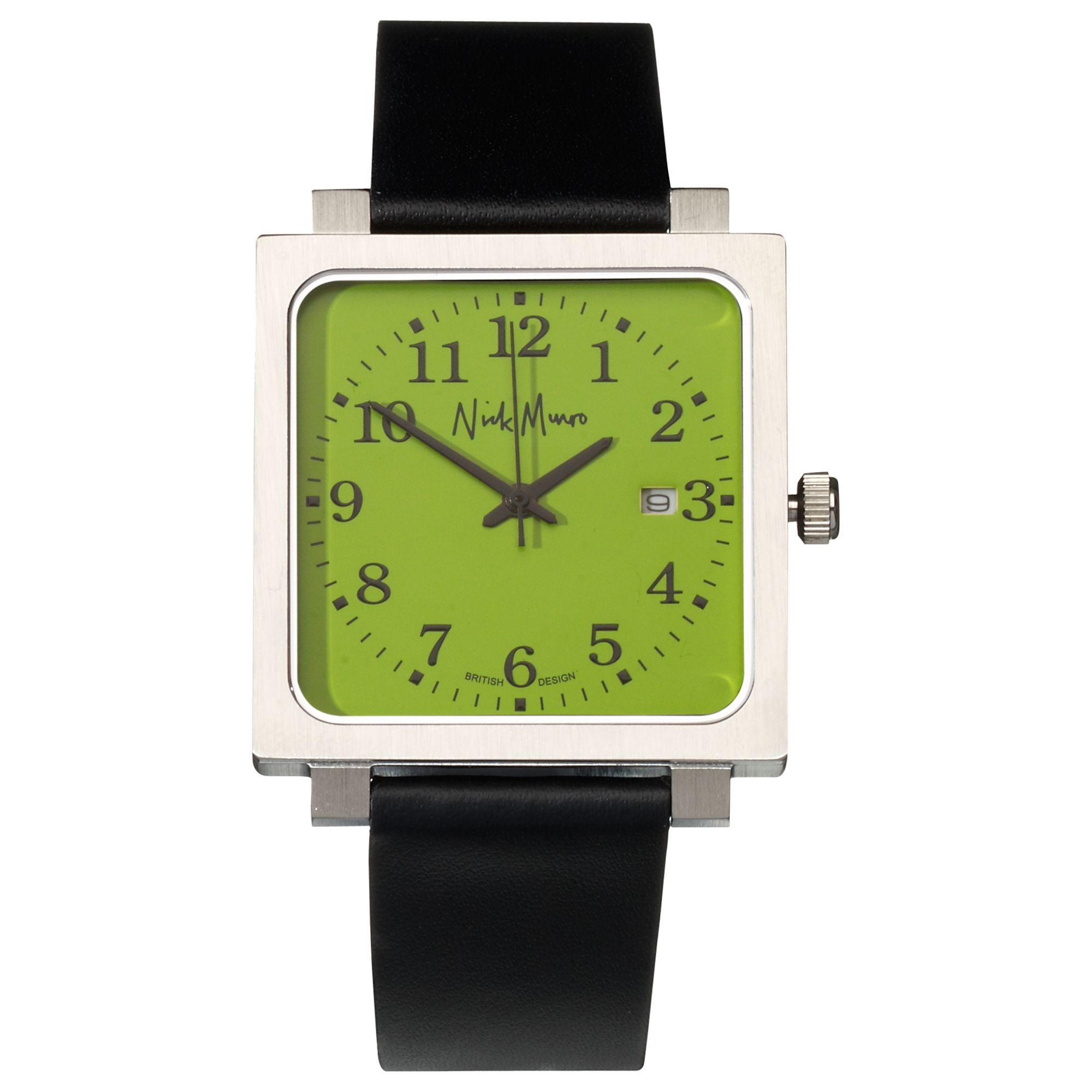 Nick Munro NM00124 Unisex Square Face Leather Strap Watch, Black/Green