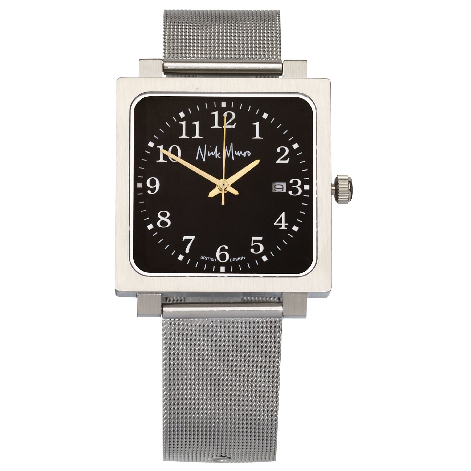Nick Munro NM00140 Unisex Square Dial Silver Mesh Bracelet Watch, Black