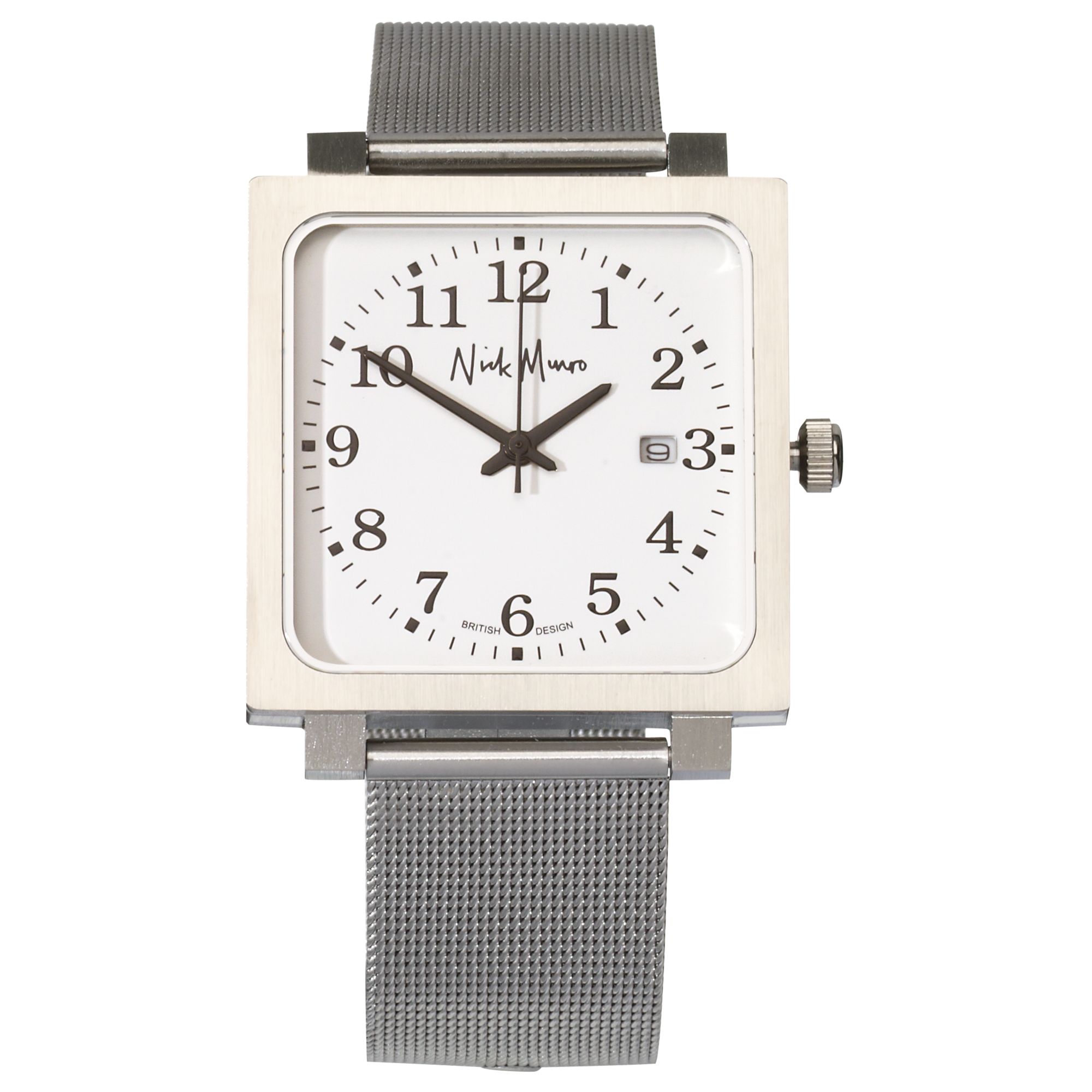 Nick Munro NM00141 White Square Face Silver Steel Braided Strap Watch