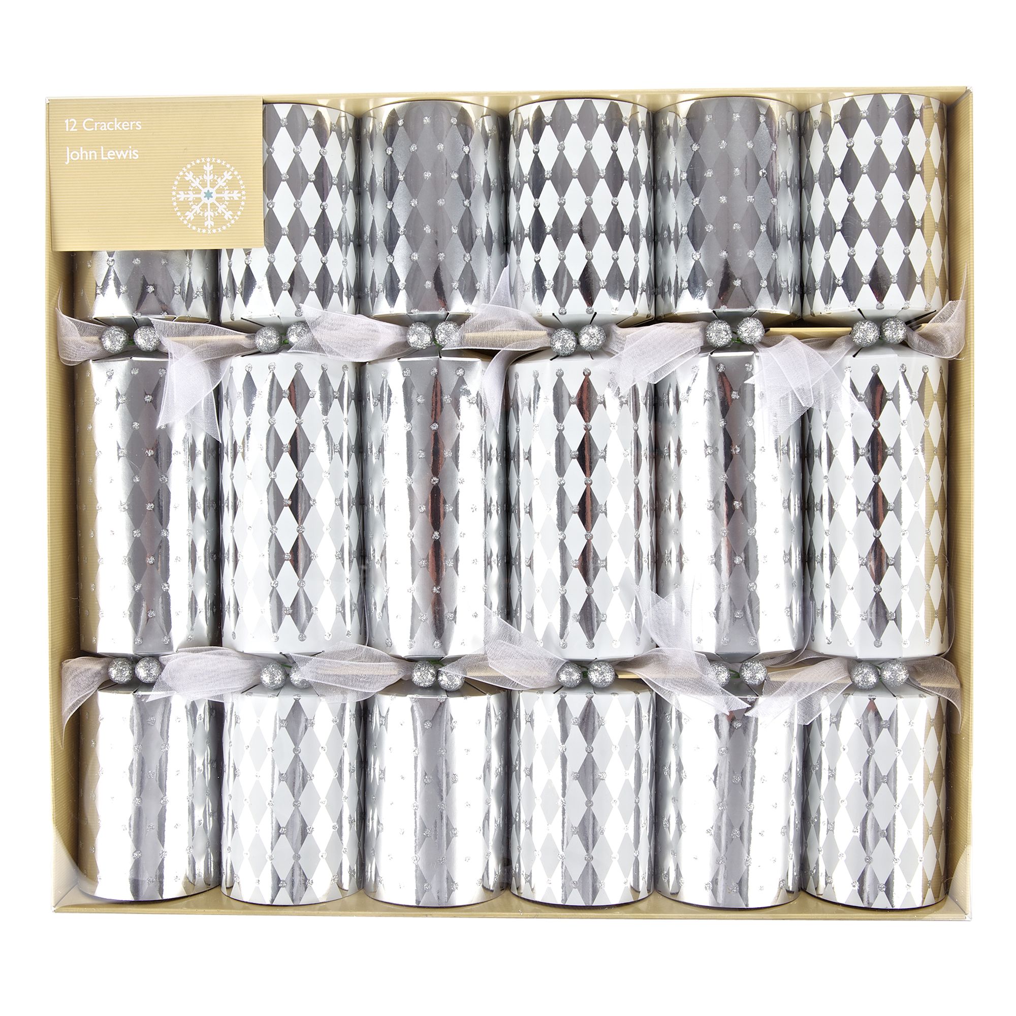 John Lewis Harlequin Christmas Crackers, Silver & White, Pack Of 12