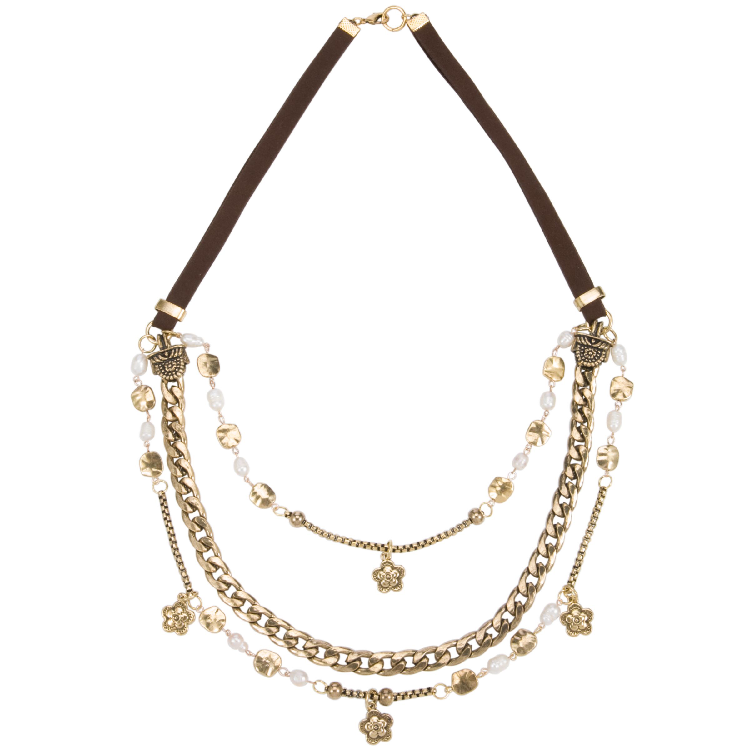 Adele Marie Pearl and Antique Gold Flower Charm Necklace