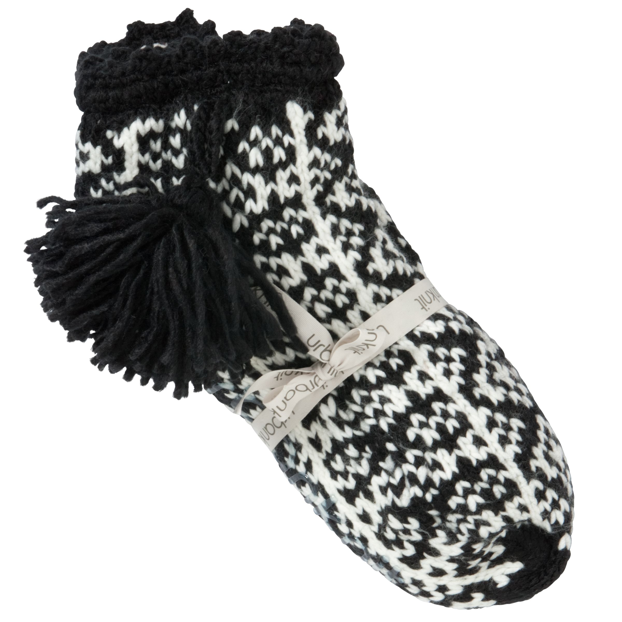 Urban Knit Fair Isle Tassel Bootie Slipper Socks, Black/cream