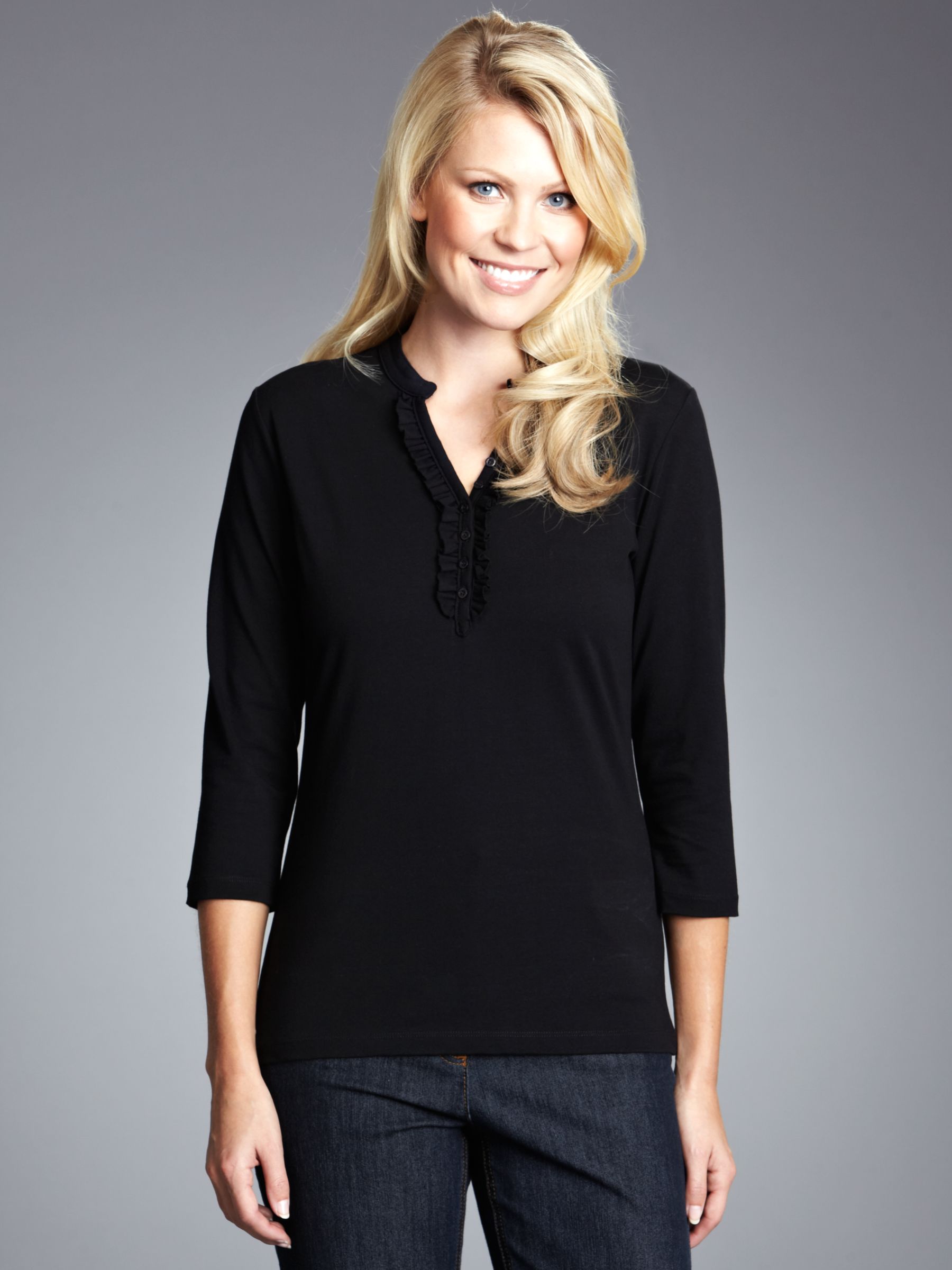 Betty Barclay Grandad Collar Ruffle T-Shirt, Black