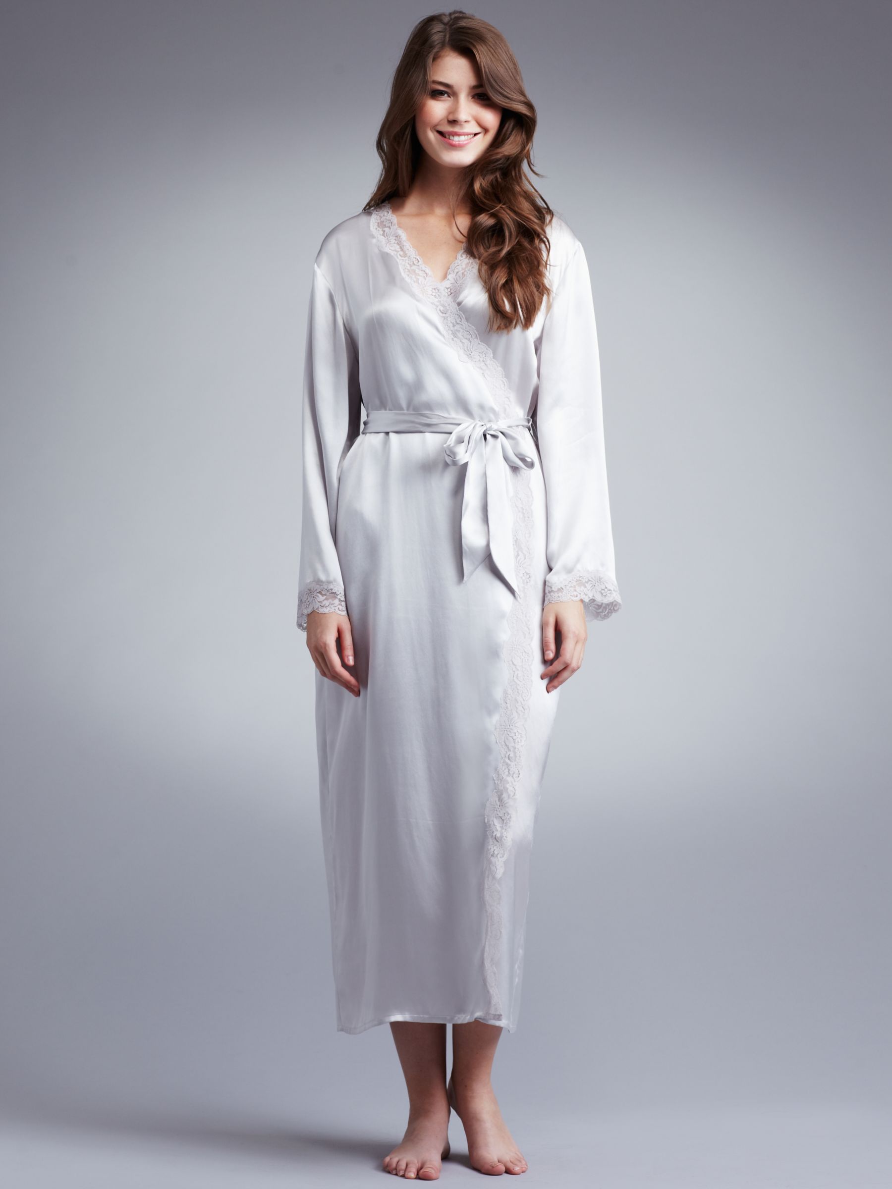 John Lewis Women Long Silk Dressing Gown Light grey