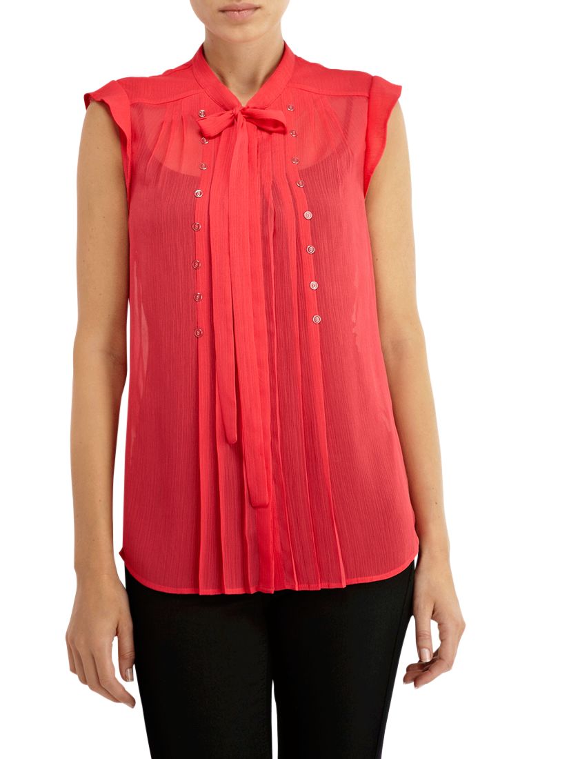 Crinkle and Button Tie Blouse, Bright Pink