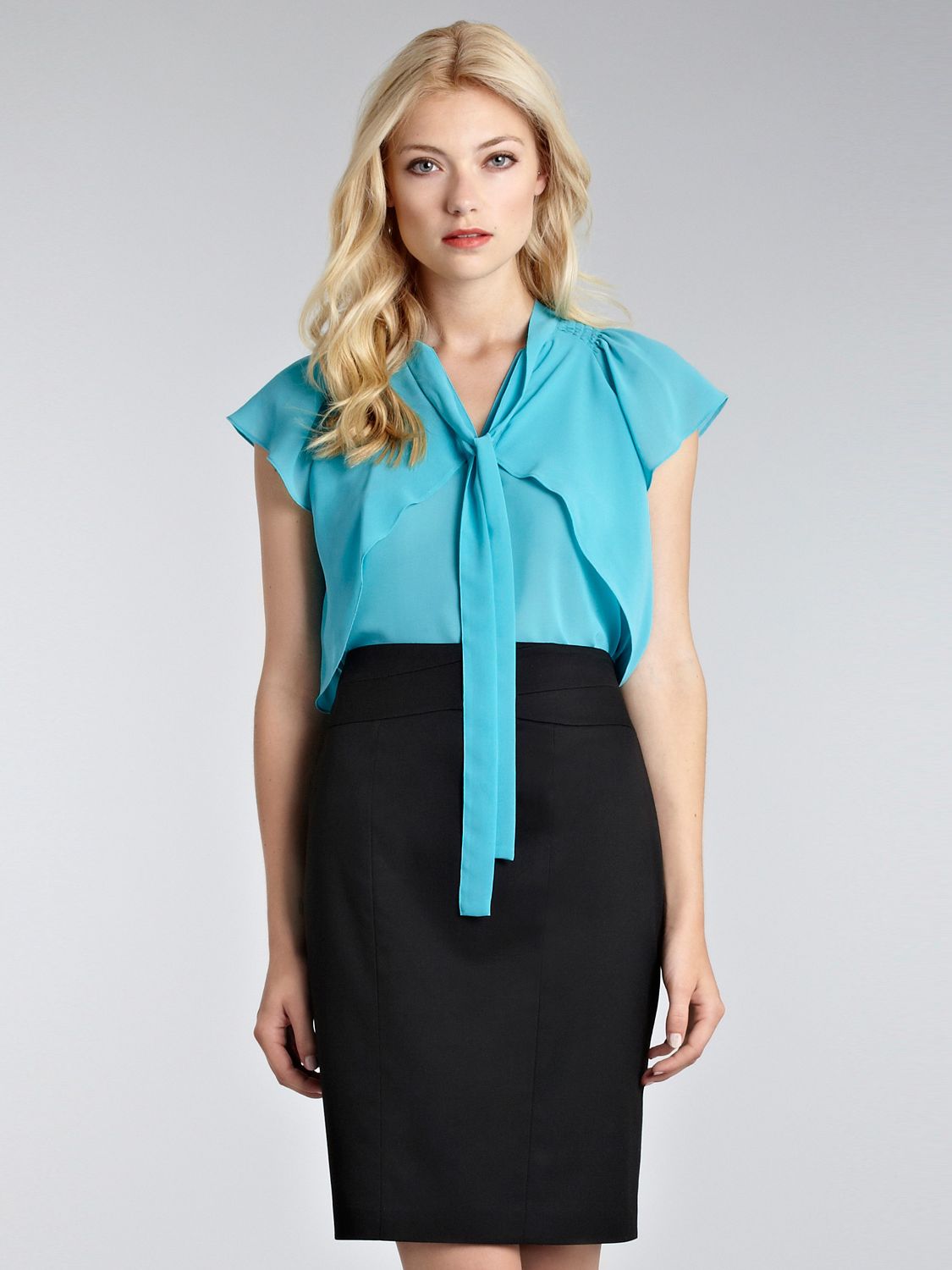 Warehouse Tie Neck Frill Blouse, Bright blue