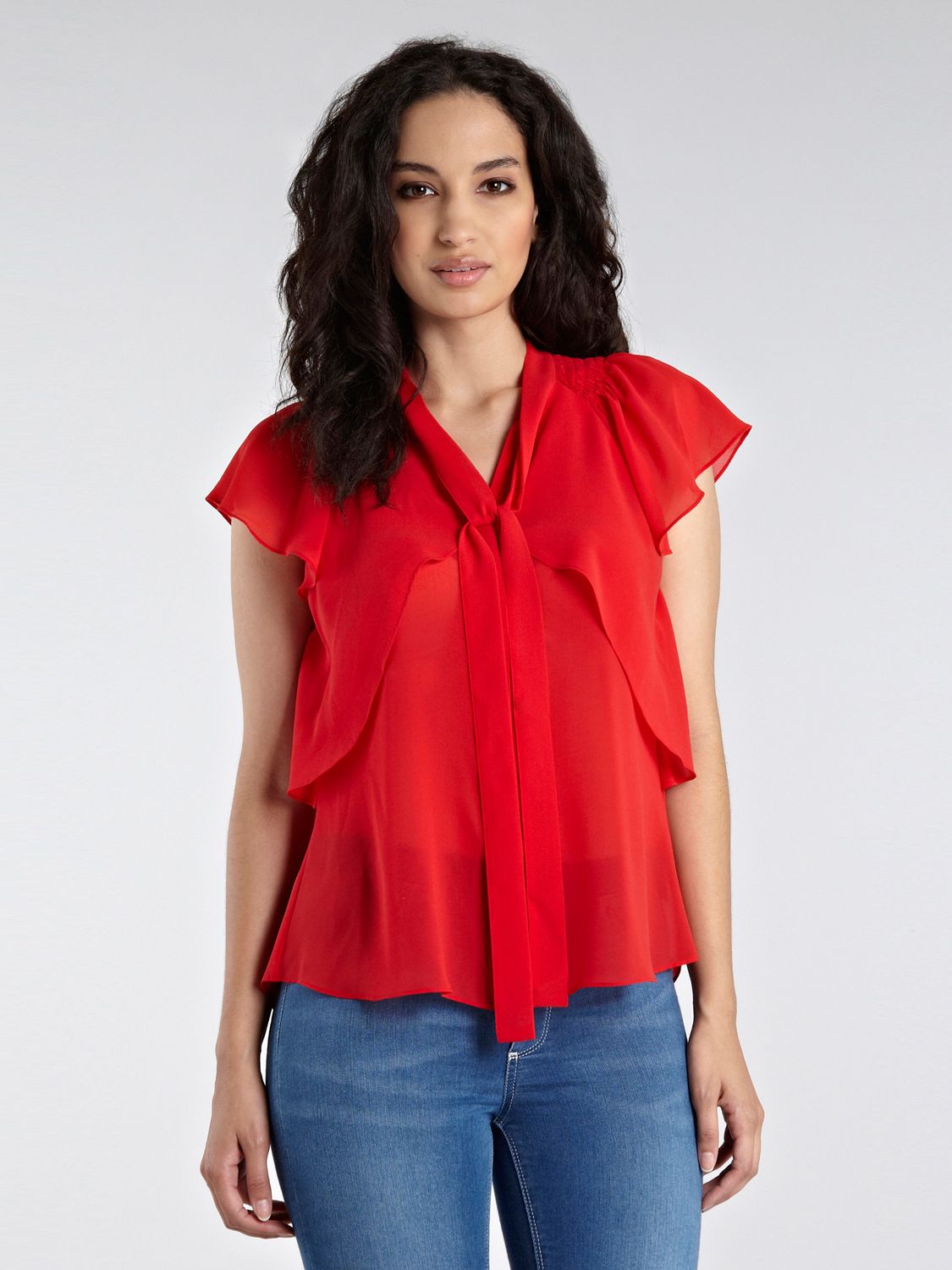 Warehouse Tie Neck Frill Blouse, Bright Red