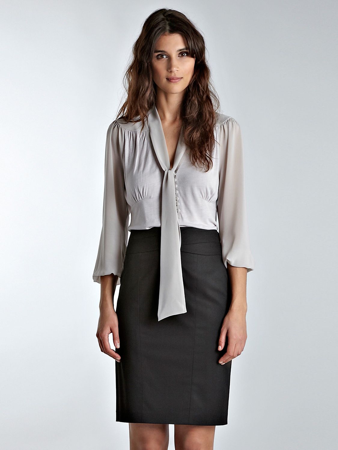 Tie Neck ¾ Sleeve Blouse, Grey