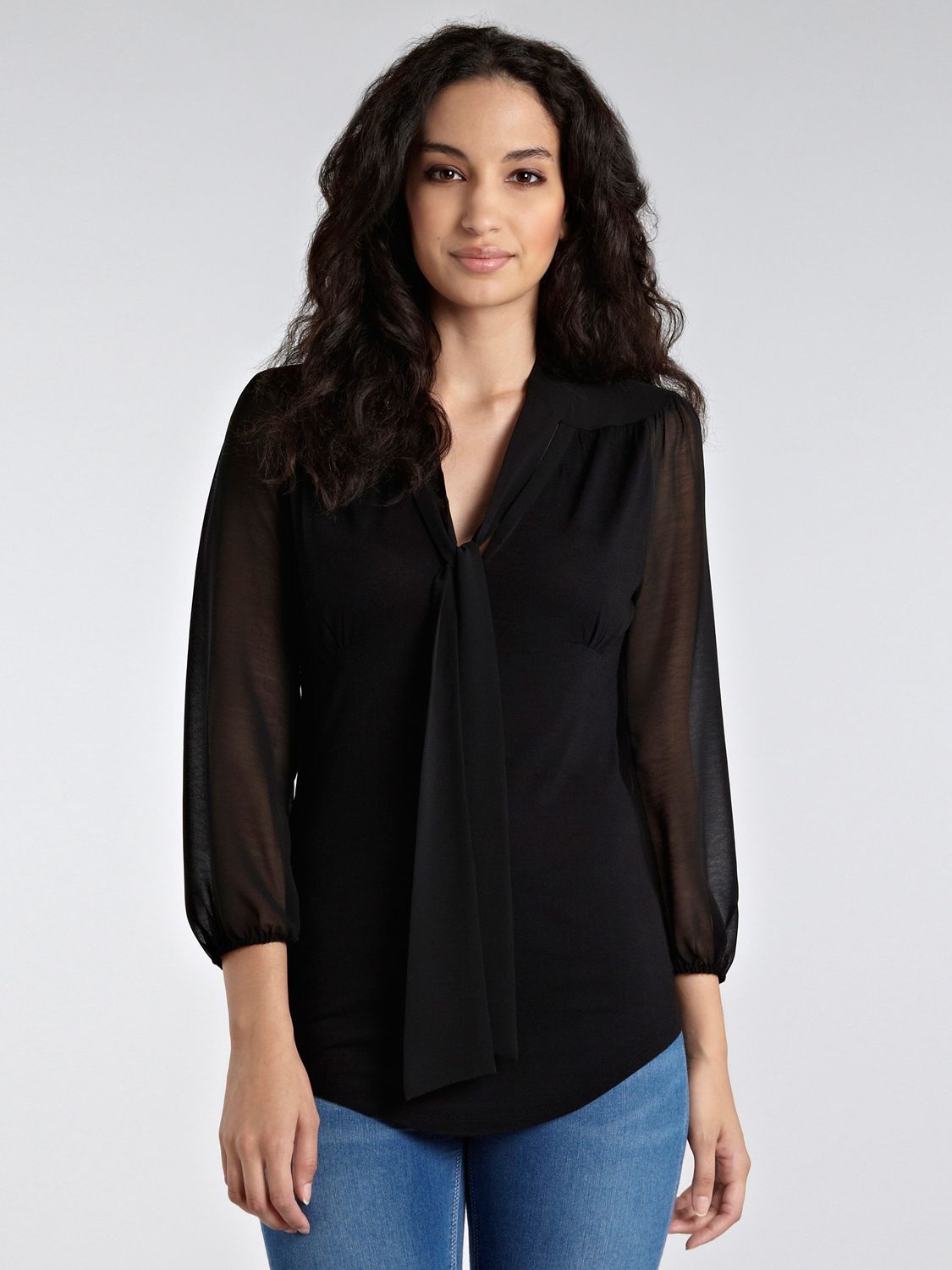 Tie Neck ¾ Sleeve Blouse, Black