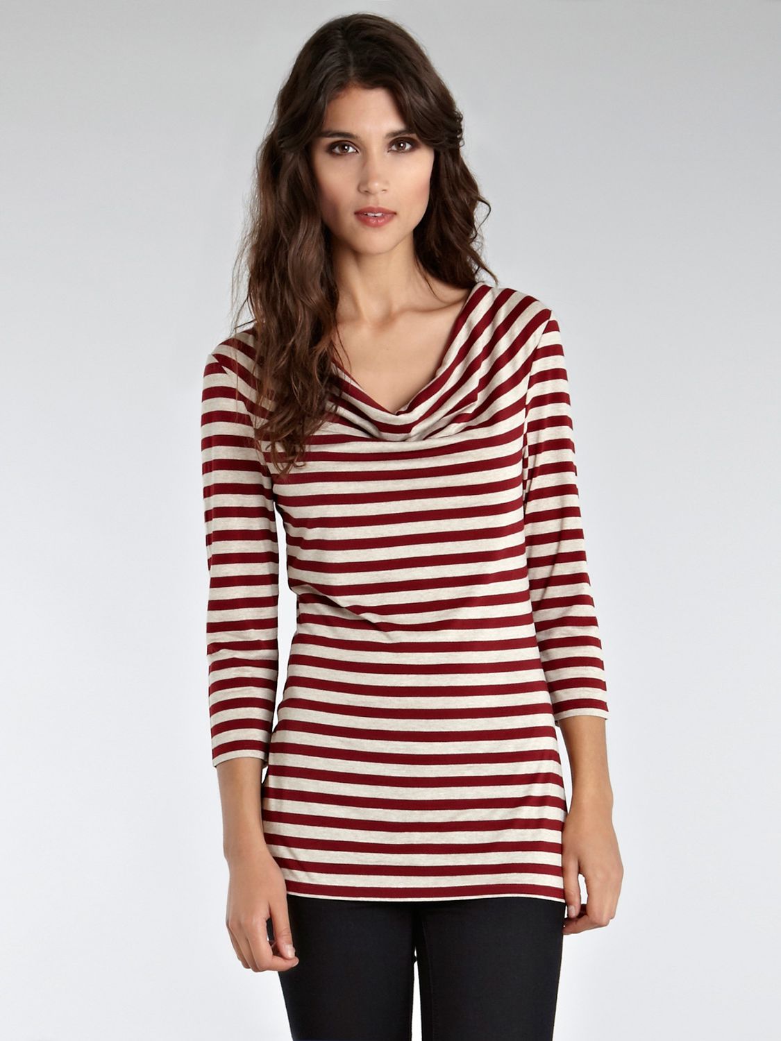 ¾ Sleeve Stripe Cowl T-Shirt,