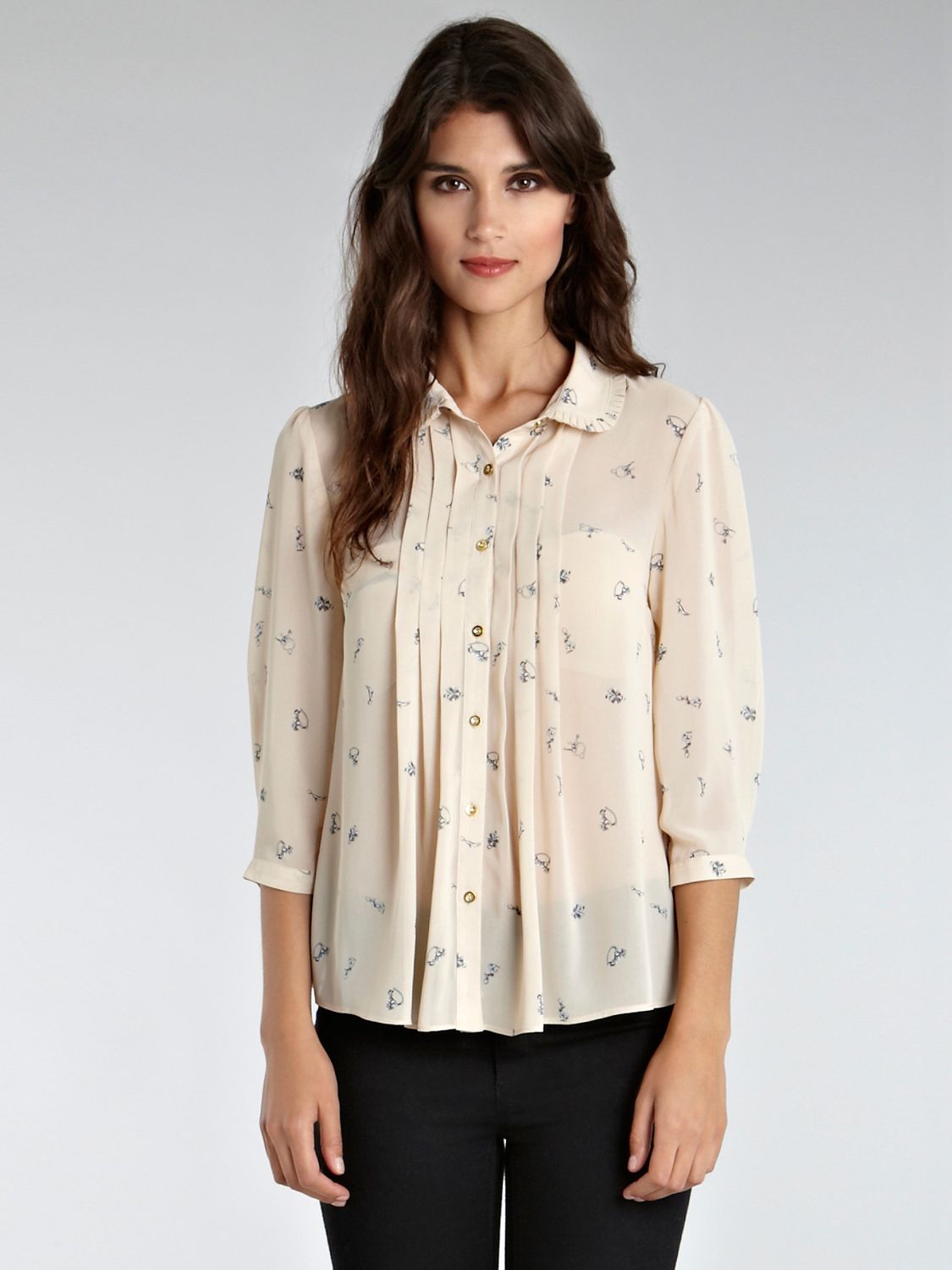 Charm Print Pleat Blouse, Cream