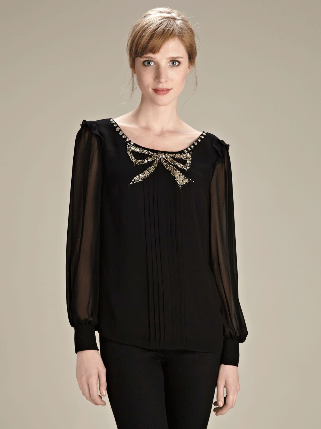 Oasis Bow Beaded Blouse, Black