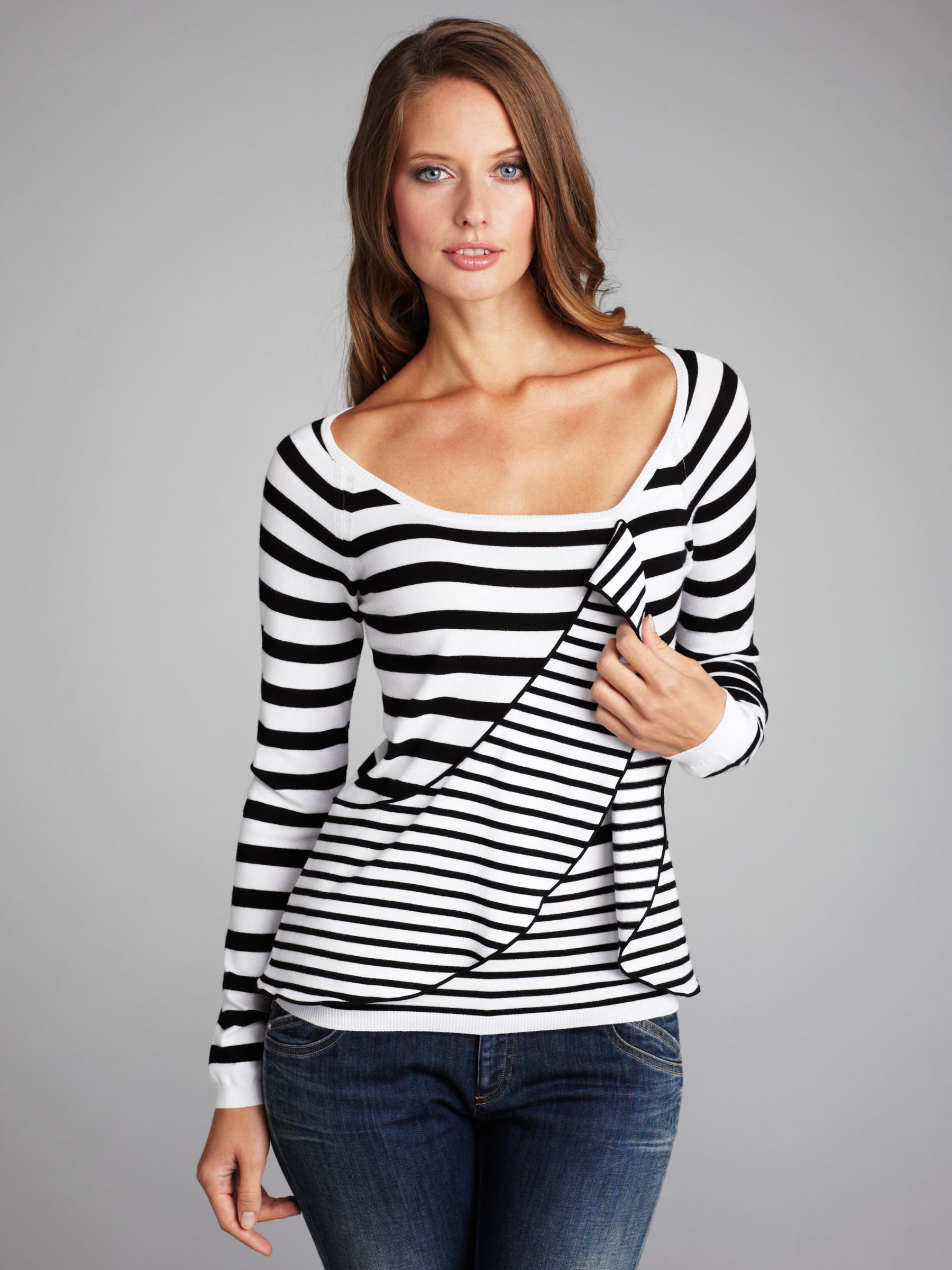 Armani Jeans Striped Ruffle Front Top, Navy/White at John Lewis