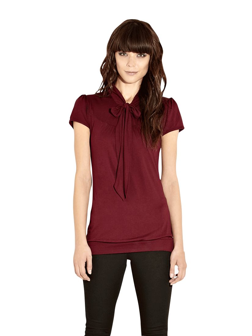 Short Sleeve Tie Neck Blouse, Dark Red