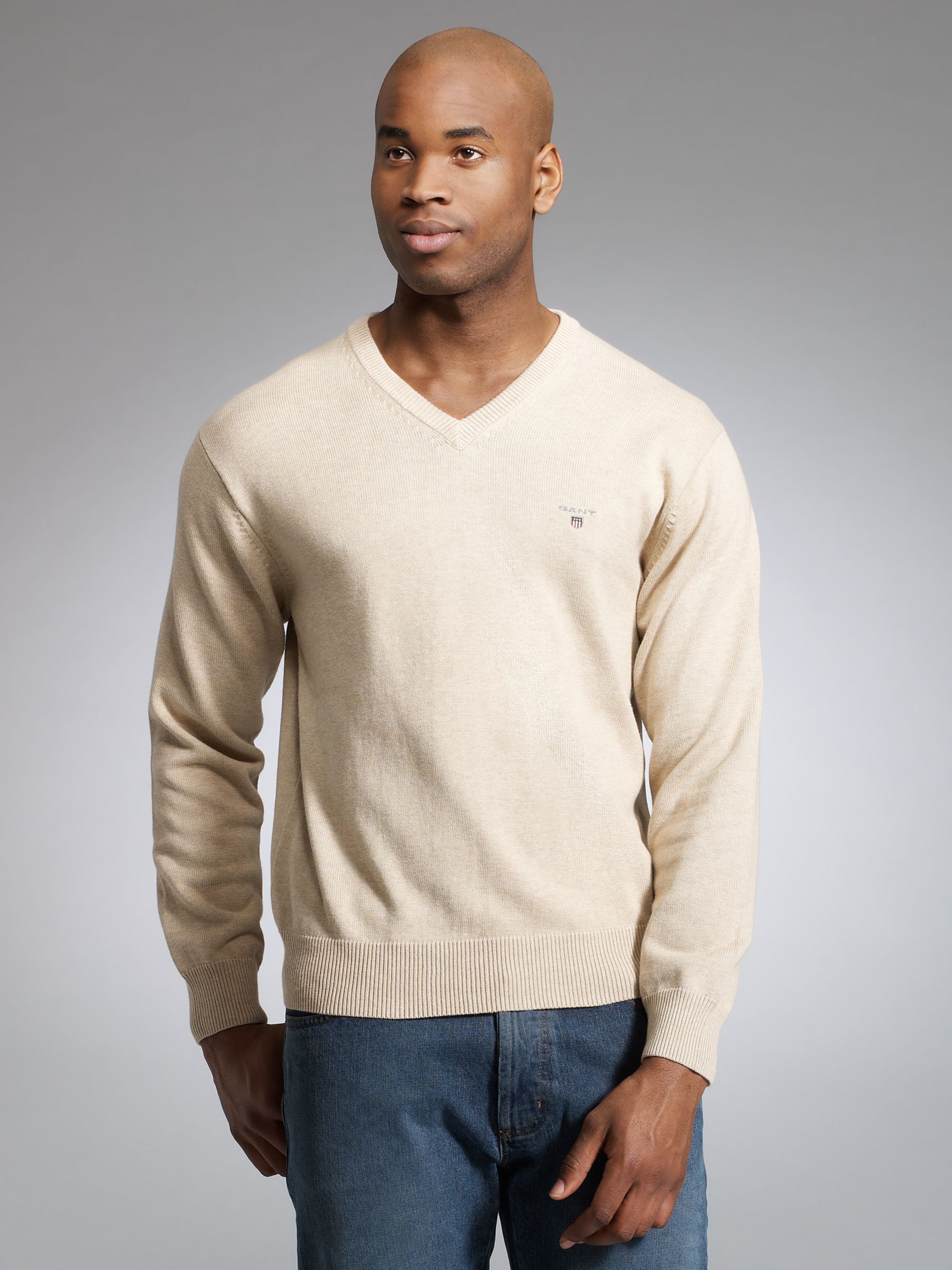 Gant Solid Cotton V-Neck Jumper, Beige