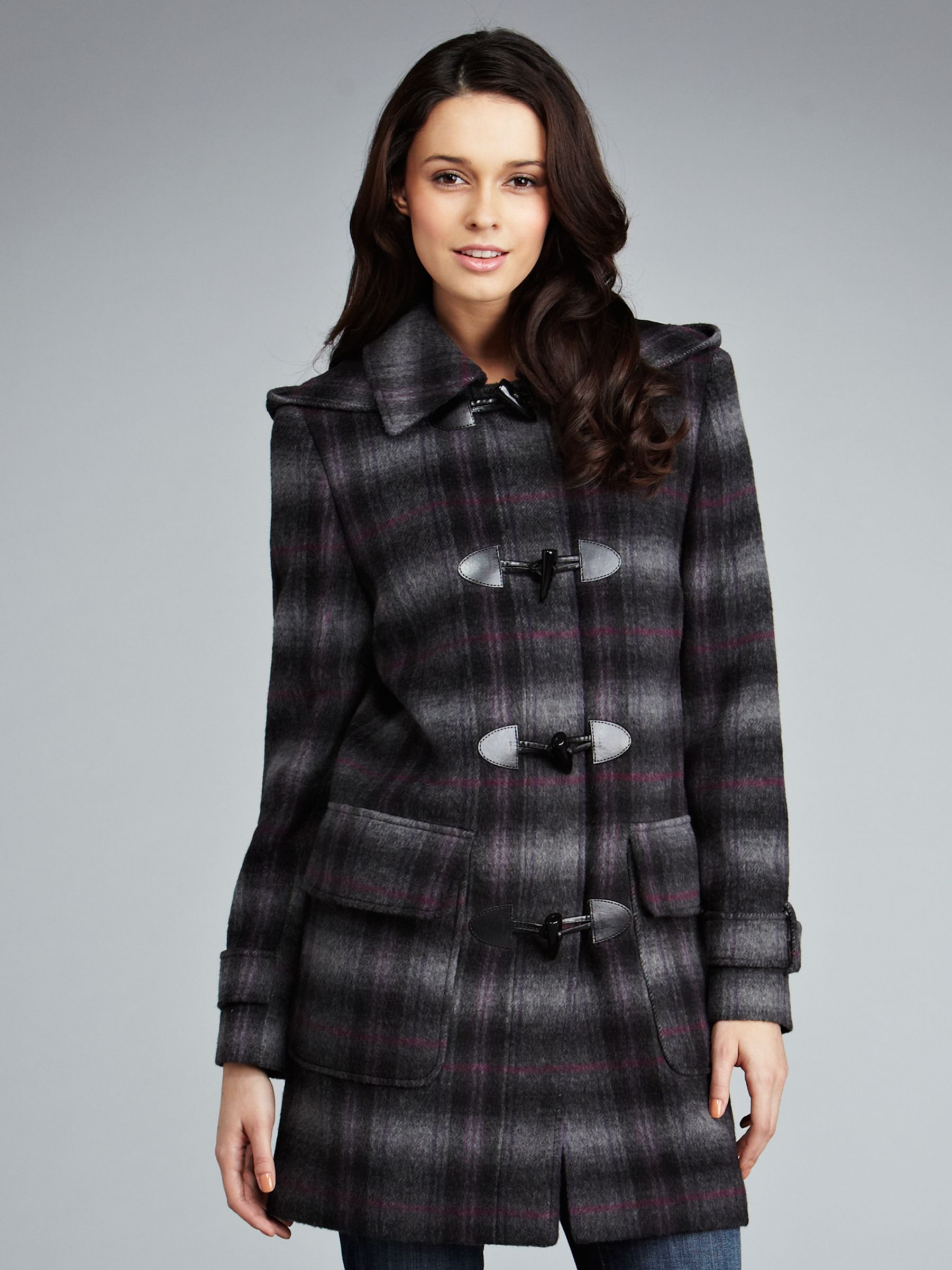 Four Seasons Check Duffle Coat, Grey/Purple at John Lewis