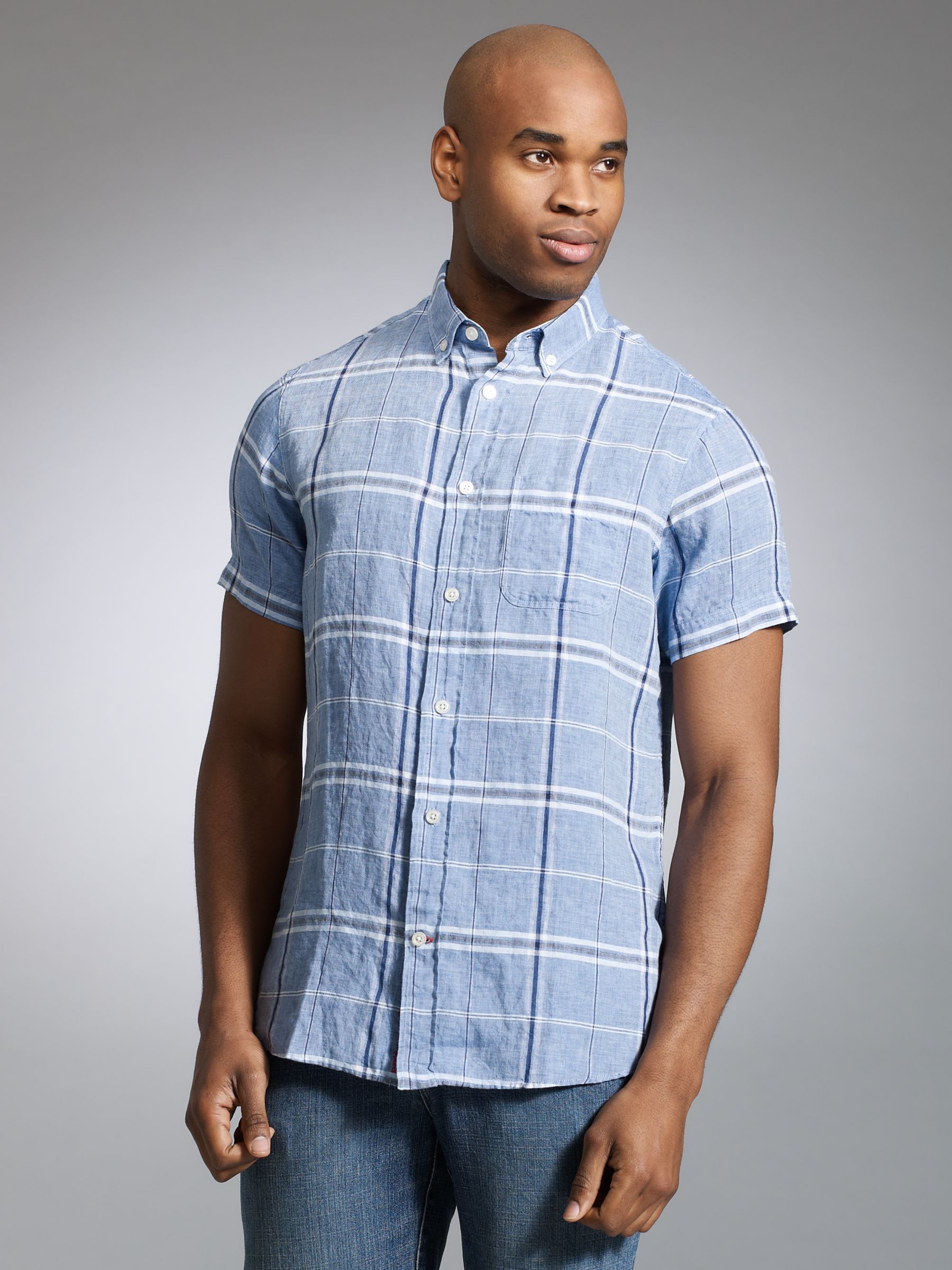 KnowledgeCotton Apparel Short Sleeve Linen Check Shirt, Light Blue