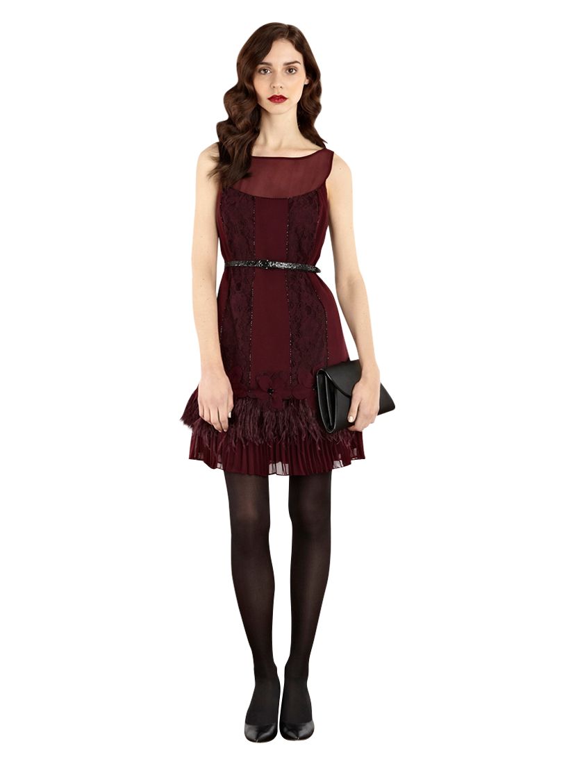 Coast Geri Pleated Feather Dress, Merlot