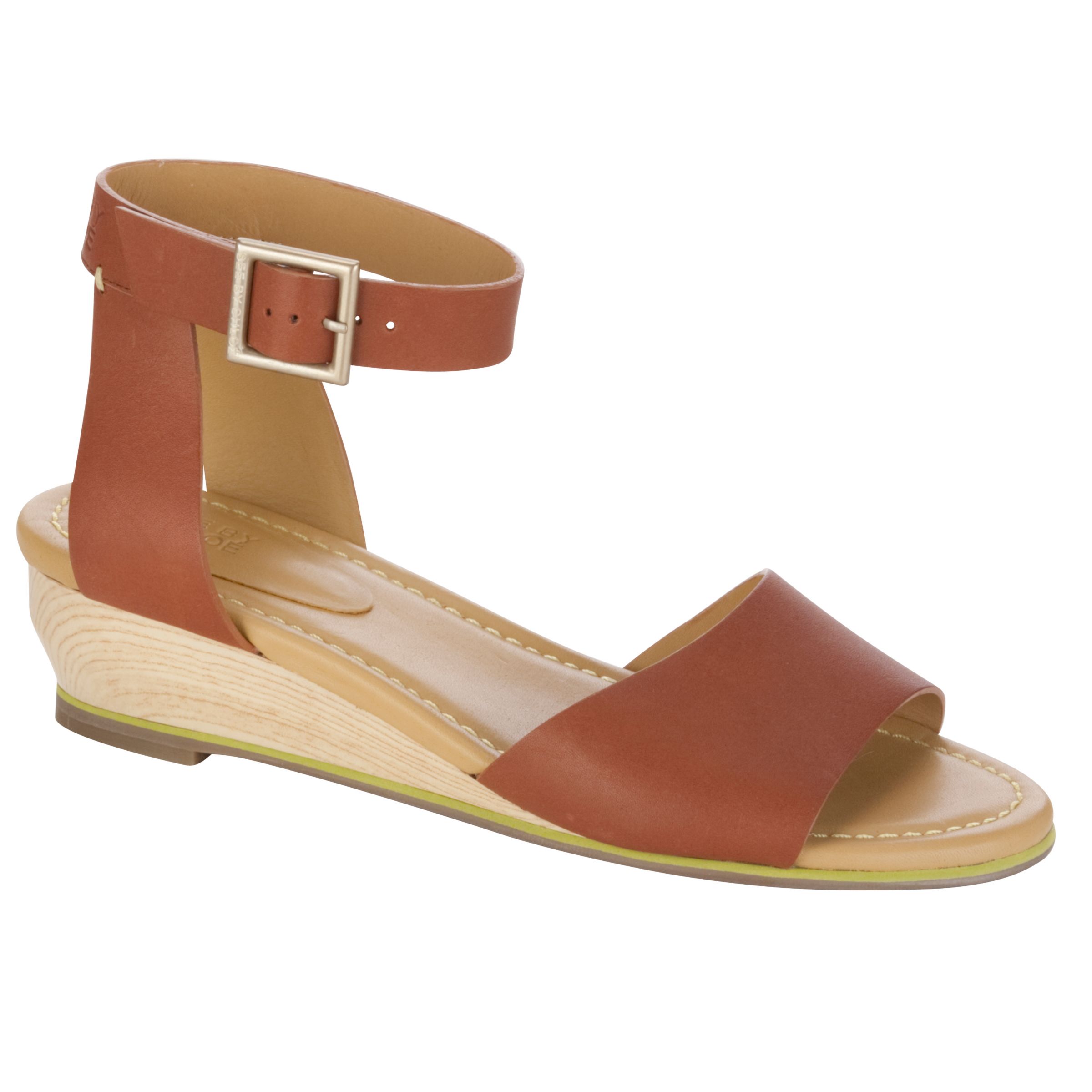 See By Chloe Mini Wedge Leather Sandals, Caramel at John Lewis