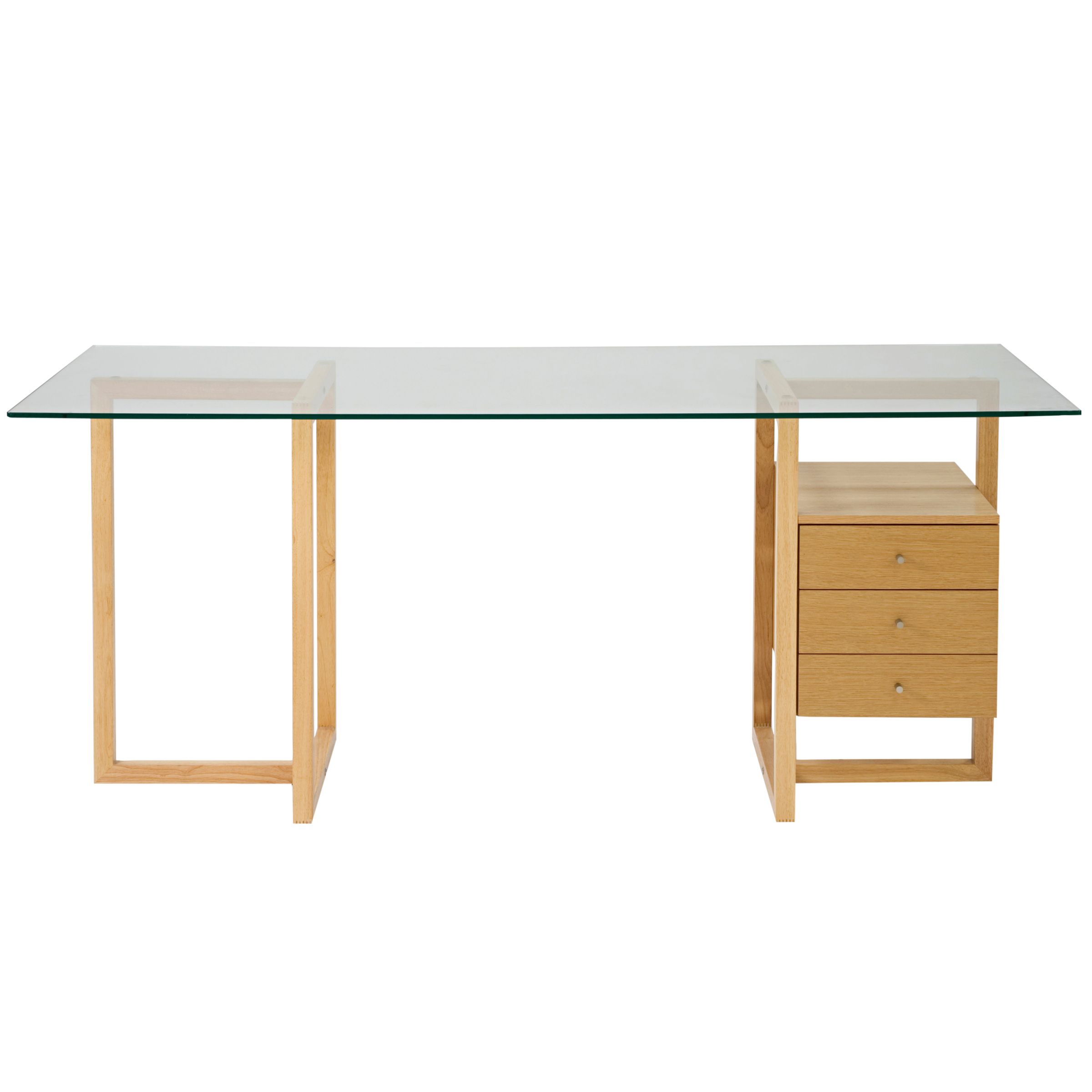 John Lewis Staten Large Glass Desk with Oak Trestles and Drawer Pack at John Lewis