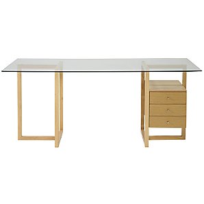 Staten Small Glass Desk with Oak Trestle and Drawer Pack