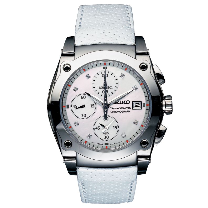 A gorgeous sporty watch from Seiko featuring a beautiful white mother-of-pearl dial set with 8 sparkling diamonds and a white leather strap. With a stainless steel case and date display, functions include split time measurement, daily alarm and dual time capability.