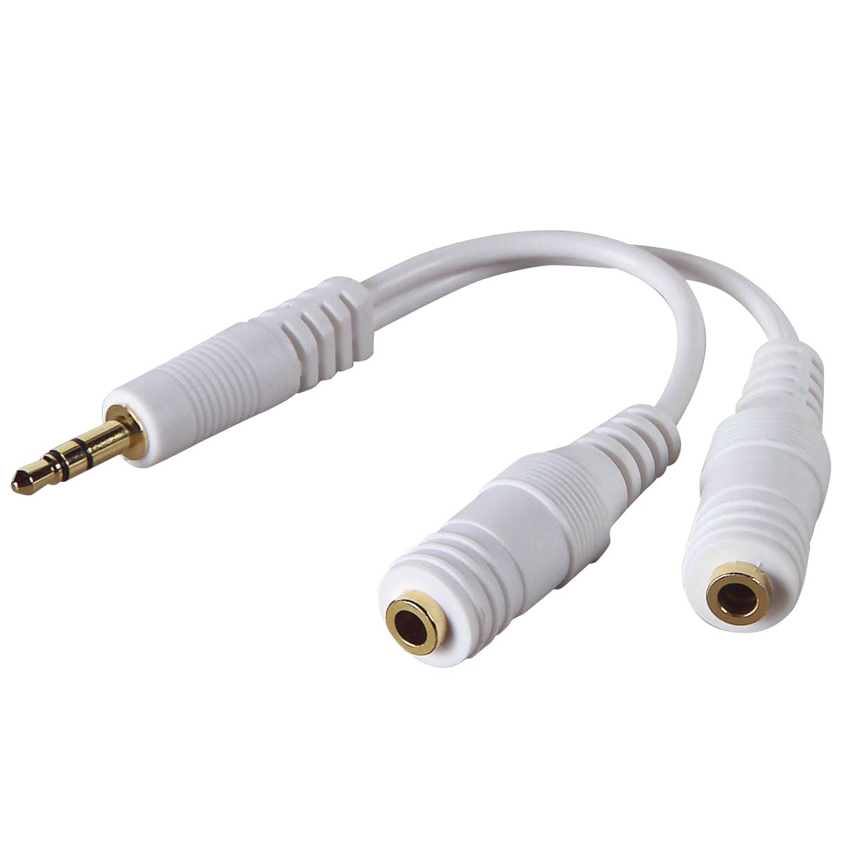 The Belkin speaker and headphone splitter lets you connect 2 stereo headphones or speakers to the same mini-stereo jack on your portable CD, MP3, DVD player, or iPod.