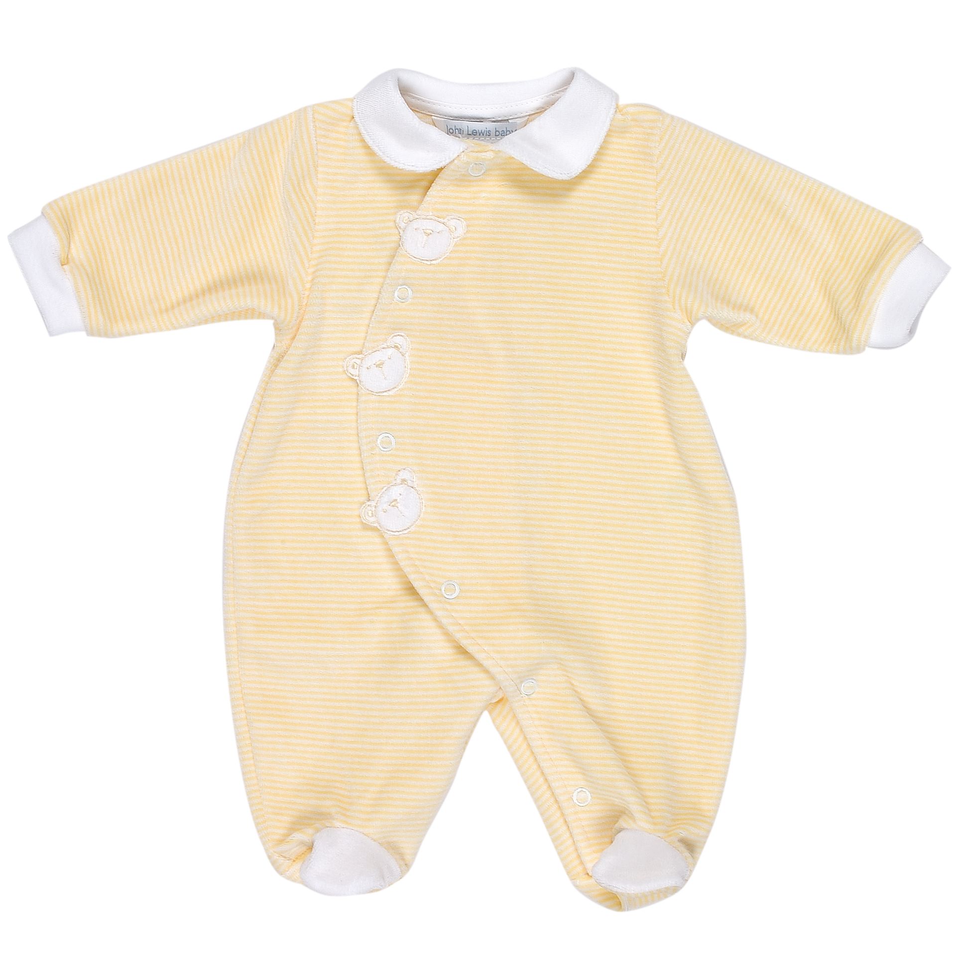 John Lewis Teddy Stripe Velour Sleepsuit, Yellow, Newborn