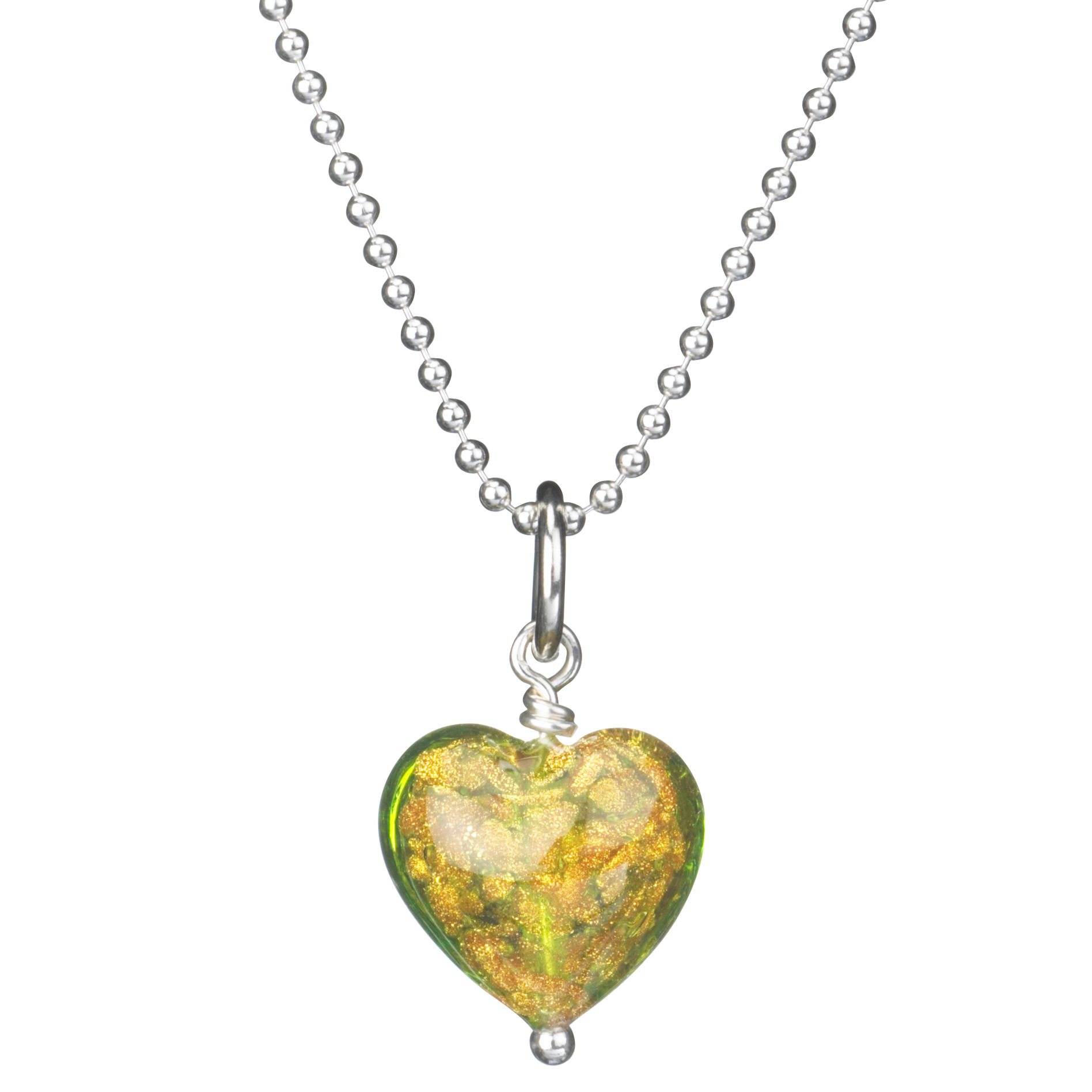 Martick Jewellery Gold Sparkle Murano Heart Pendant, Green, MJ84SP