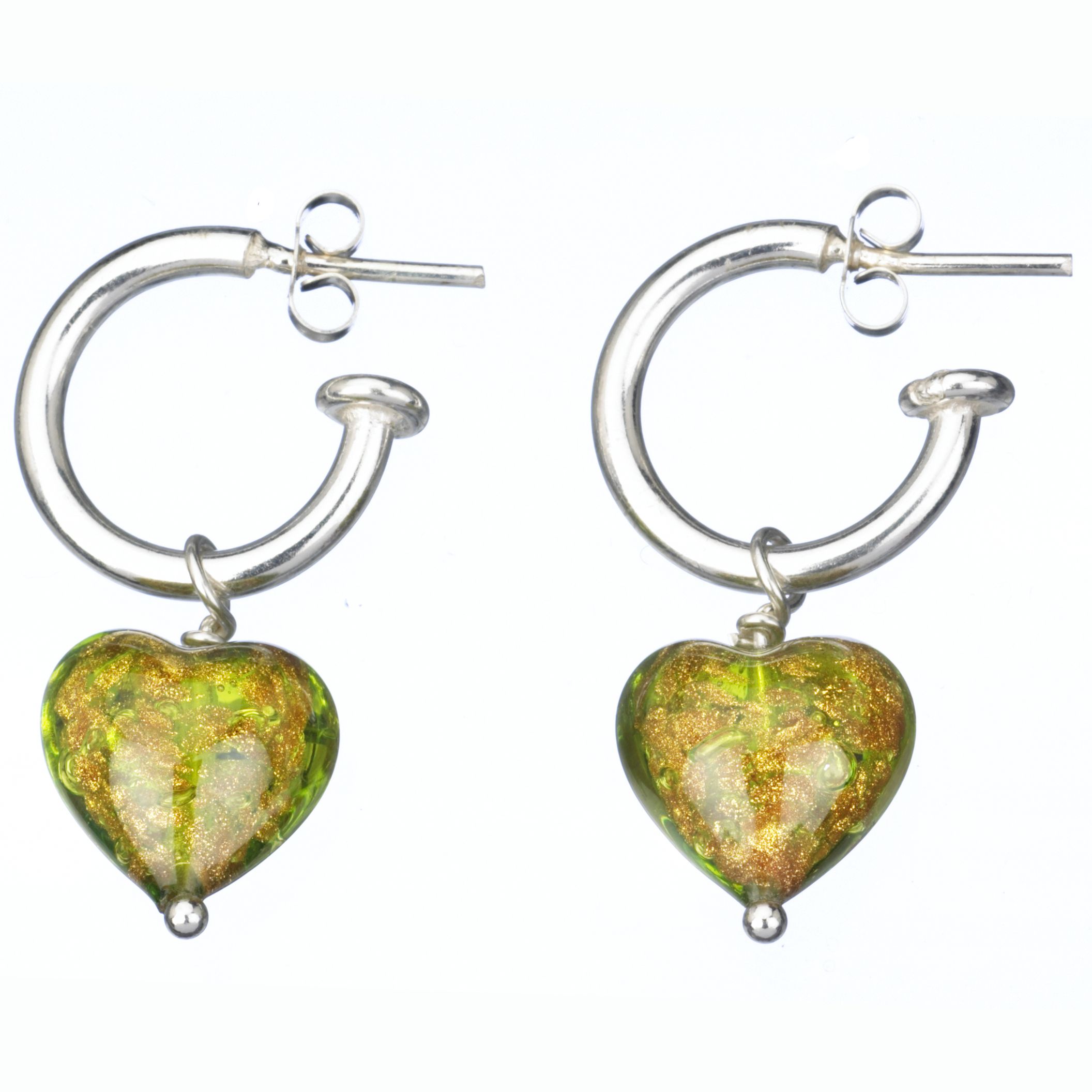 Martick Jewellery Gold Sparkle Murano Heart Hoop Earrings, Green, MJ84H