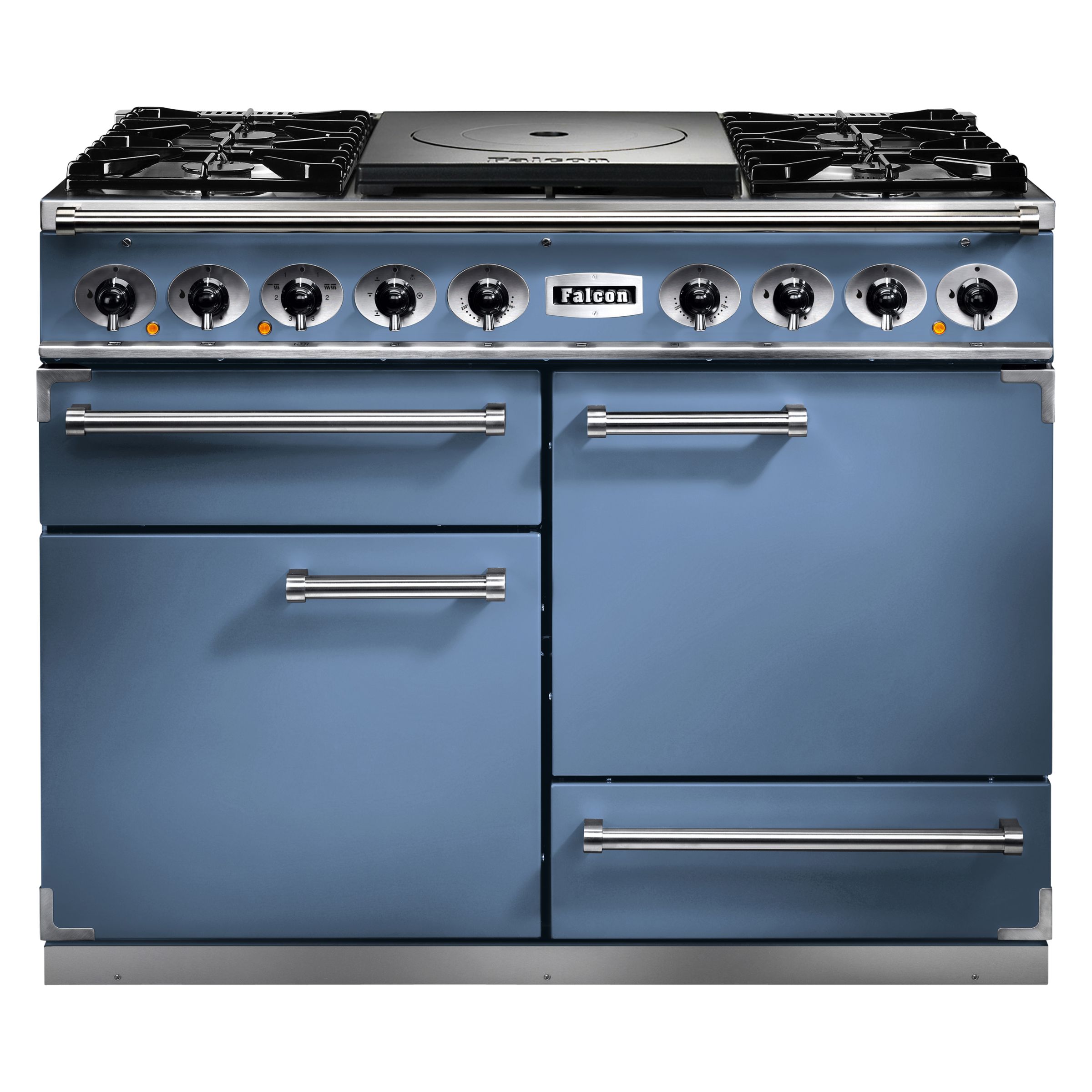 Falcon 1092 Deluxe Cooktop Dual Fuel Range Cooker, China Blue/ Nickel Trim/Matt Pan Supports at John Lewis