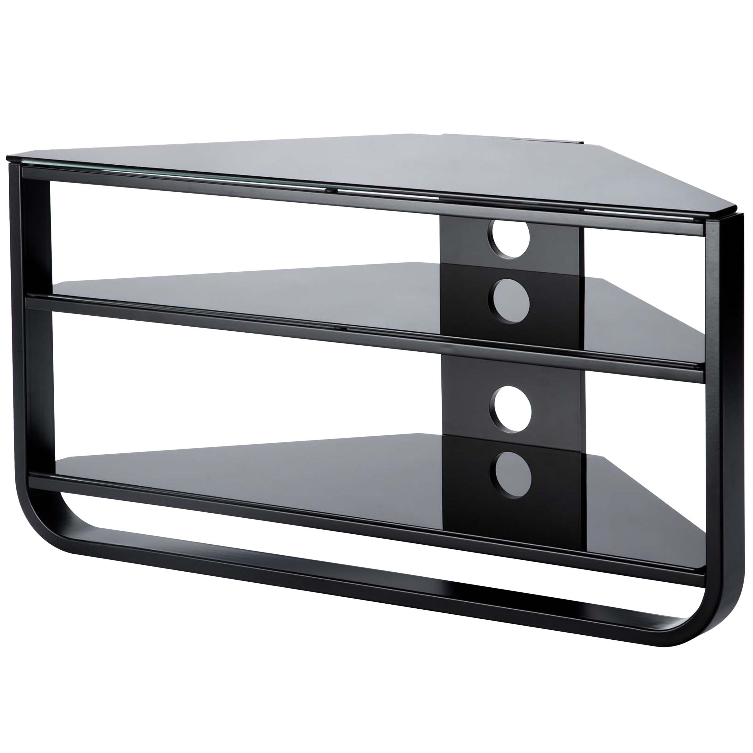 Display your TV in style with the black JL3/95-B. This smart practical stand is designed to accommodate LCD or plasma TVs up to 32" (81cm), and thanks to its clever right angle design should fit in any corner. There are 2 additional shelves for DVD players and digital boxes, which are made from safety glass for peace of mind. And there's a cable tidy to organise the wires at the back, so things won’t look like spaghetti junction. The height between shelves is 16.5cm. Maximum weight 100kg. Flat packed for self assembly. Exclusive to John Lewis.