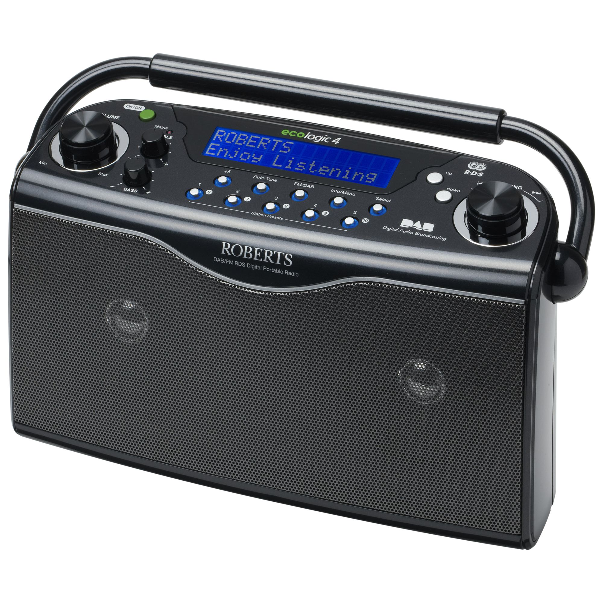Classically elegant as always, the Roberts RD21 Gemini DAB Digital Radio prides itself on being an ‘eco warrior’. Its batteries give the RD21 up to 150 hours’ life, or you can use mains power to enjoy the crystal clear, stereo sound.  The Gemini features bass and treble controls, 20 pre-set stations, plus an FM waveband for added flexibility.Functions are selected using simple menus on the large blue LCD display, where you'll also view RDS station information. Includes Headphone and line output sockets.