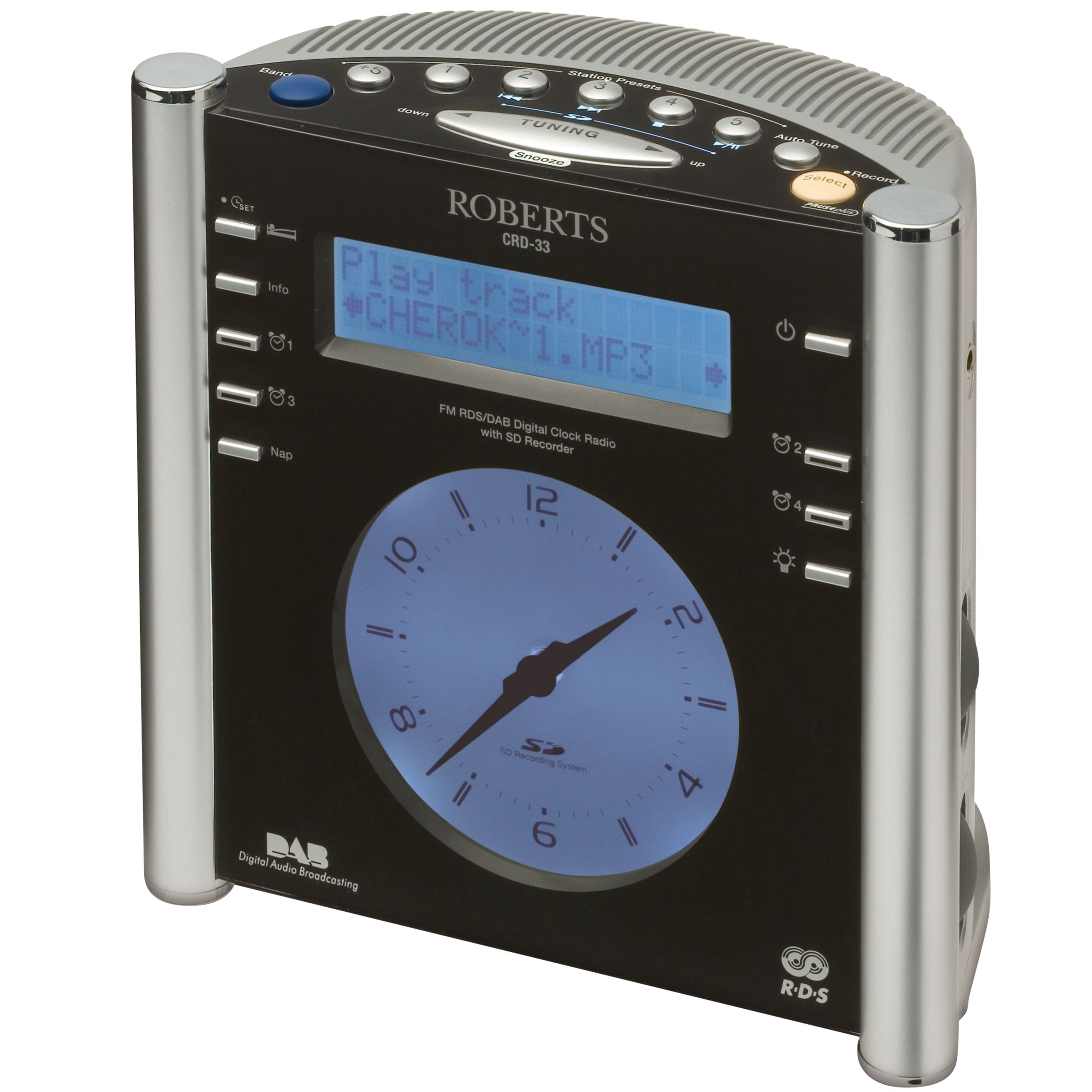 The Roberts CRD33 DAB Clock Radio blends modern design with a reassuringly traditional clock face, with adjustable intensity blue backlight. The four alarms allow you to wake up to DAB/FM radio, SD playback, aux in or buzzer. And you never need to remember when the clocks change thanks to an automatic adjustment for summer and winter time feature.With a single press of the PausePlus button you can put your favourite radio station on hold (SD card not included). After the interruption simply press it again and return to your station exactly where you left off. You can even playback tunes from your iPod or MP3 player via the auxiliary input socket. A headphone socket also allows you to listen in bed without disturbing the rest of the household.