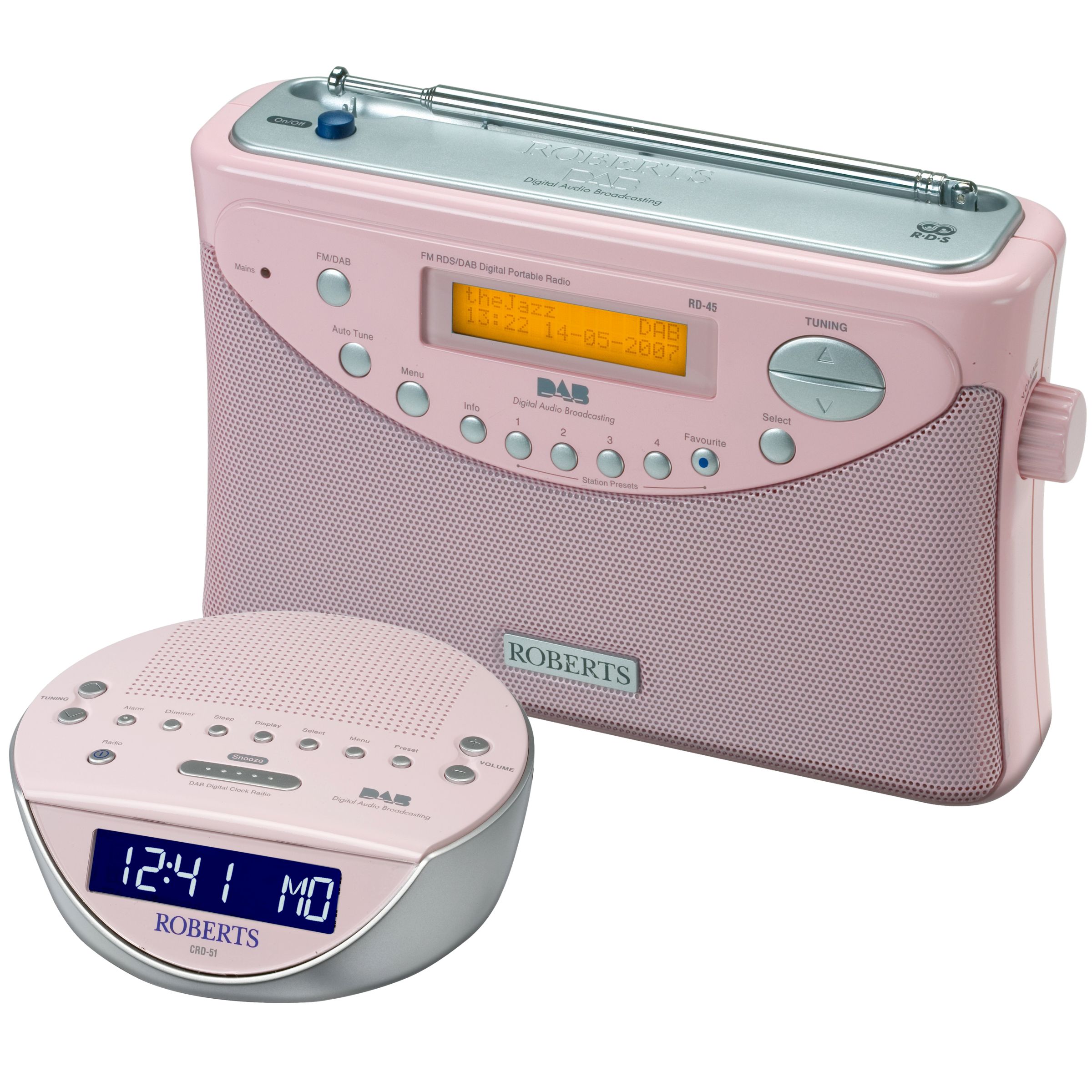 Roberts CRD51 DAB Clock Radio and RD45 DAB Digital Radio Pink