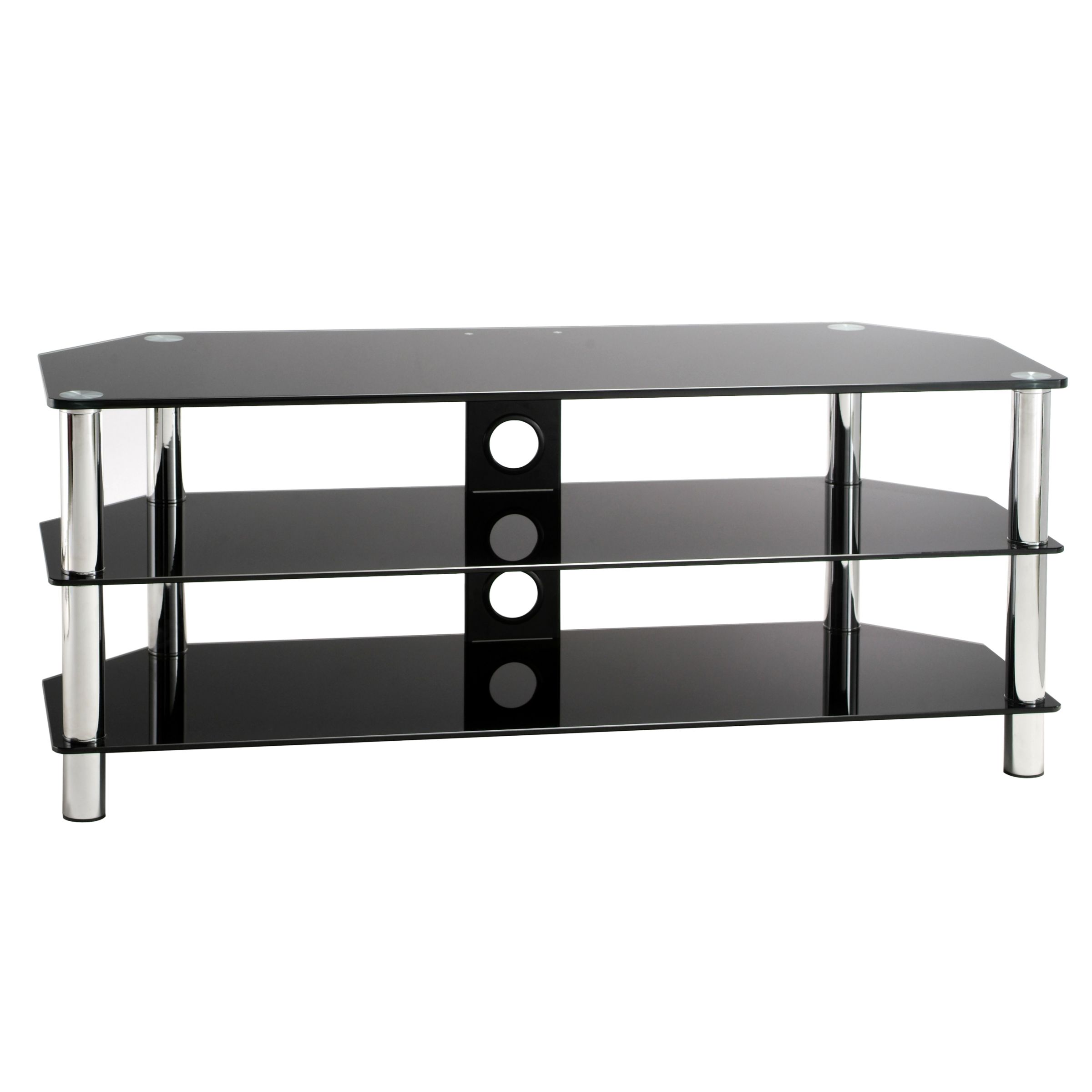 Display your TV in style with the affordable Modus 1200. This smart practical stand is designed to accommodate LCD TVs up to 65" (165cm). There are 2 additional clear glass shelves for DVD players and digital boxes. Maximum weight 120kg. Height between shelves 200mm. Flat packed for self assembly.