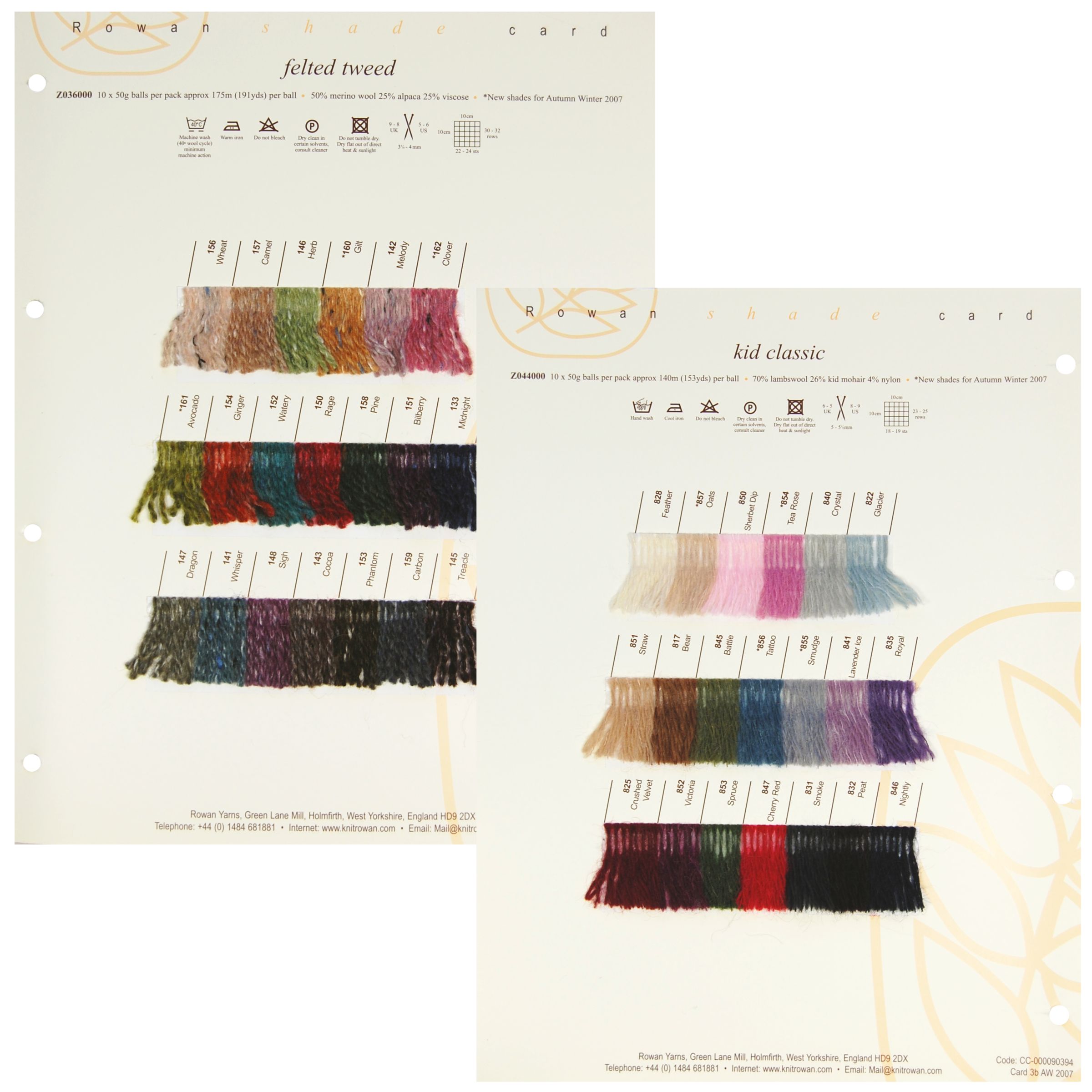Rowan Yarns Felted Tweed/Kid Classic Shade Card, A/W 2007