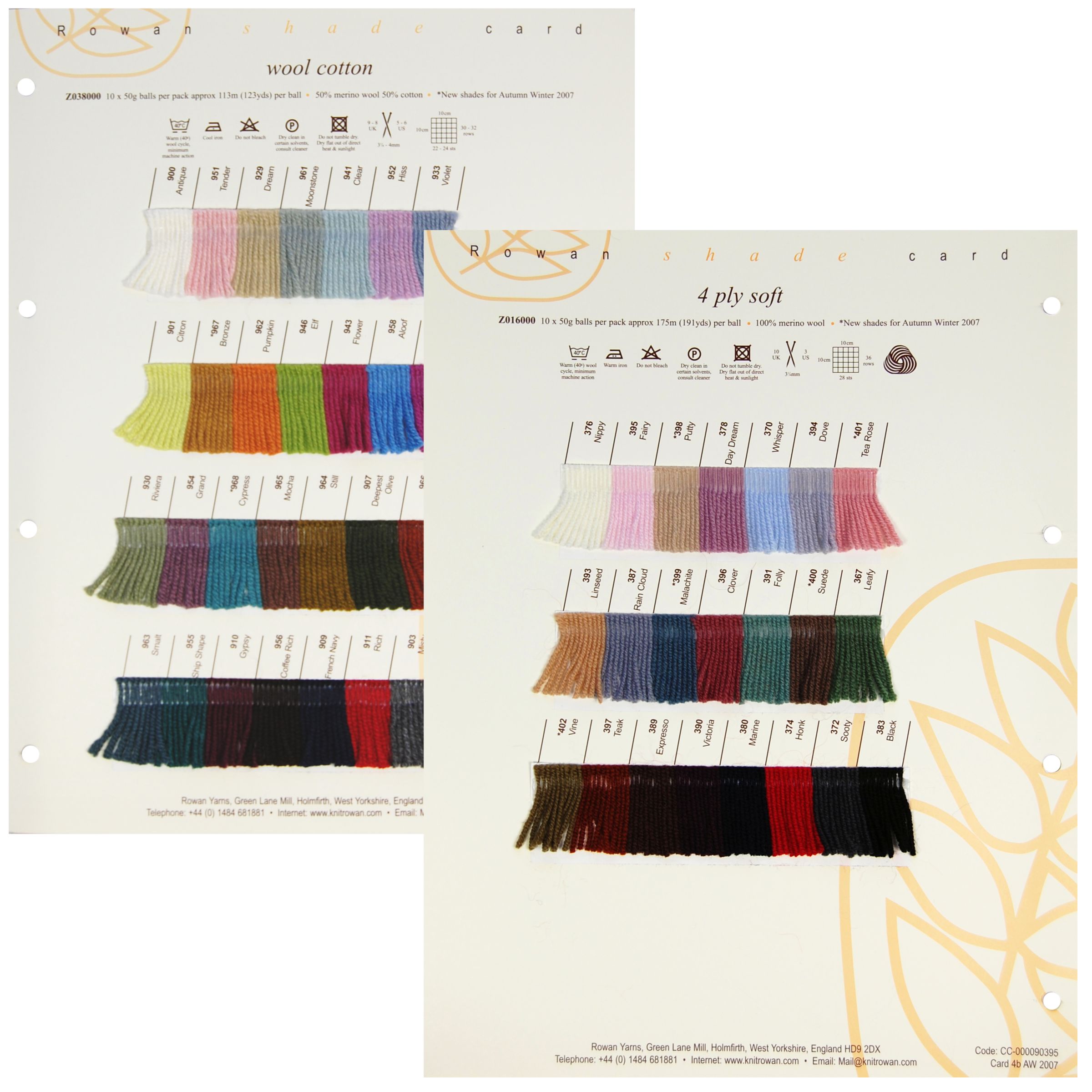 Rowan Yarns Wool Cotton/4 Ply Soft Shade Card, A/W 2007