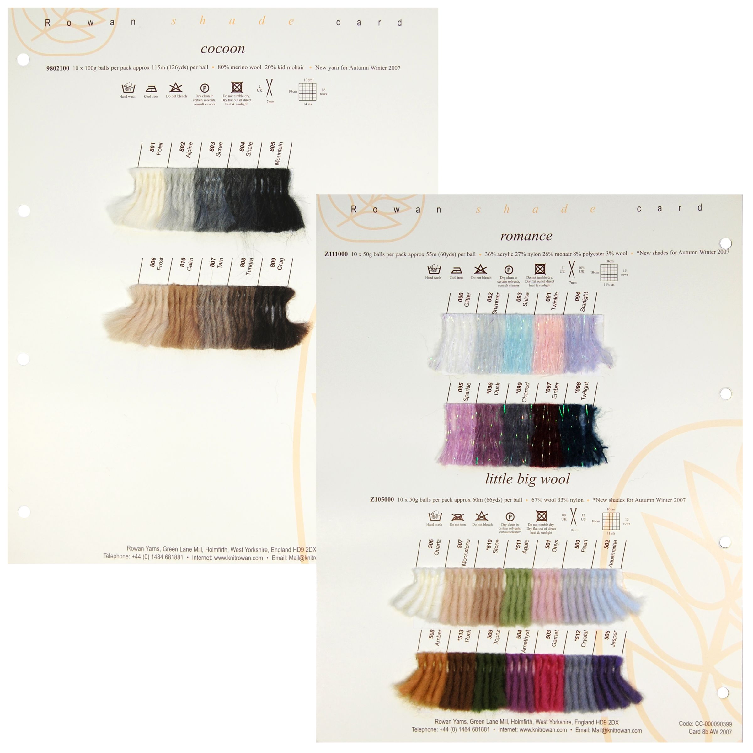 Rowan Yarns Cocoon/Romance/Little Big Wool Shade Card, A/W 2007