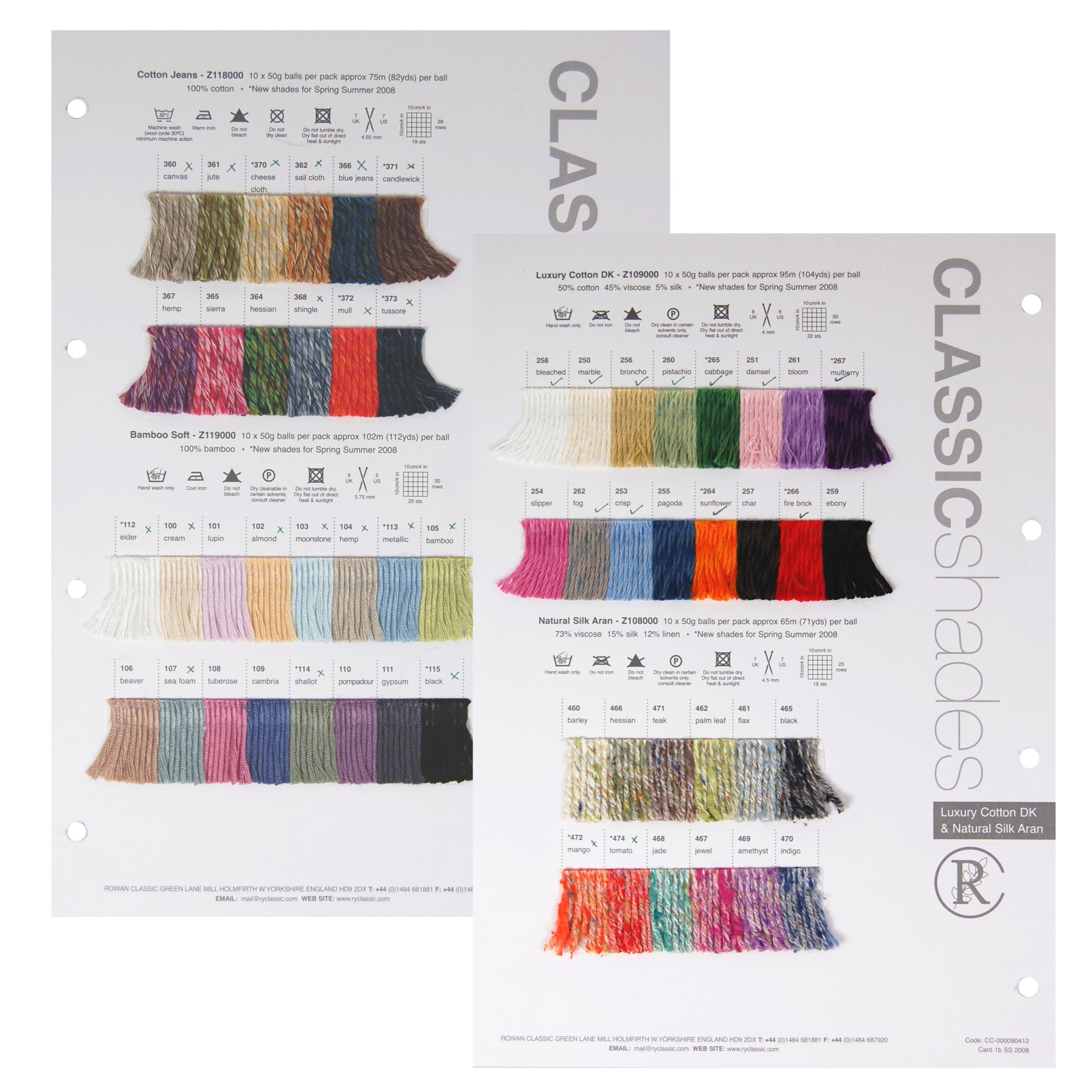 Rowan Yarns Classic Luxury Cotton/ Natural Silk Aran/Cotton Jeans/Bamboo Soft Shade Card, S/S 2008