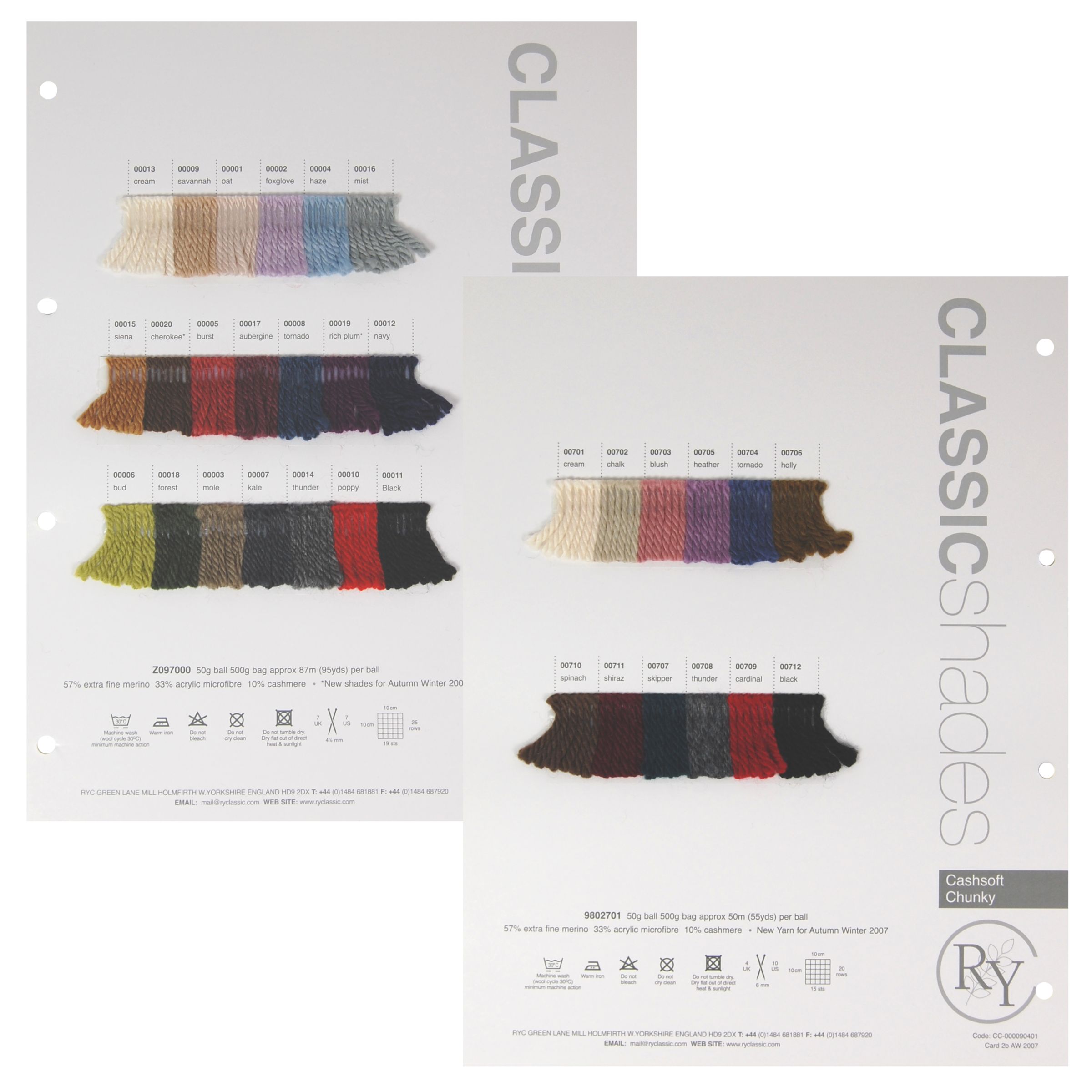 Rowan Yarns Classic Cashsoft Aran/Chunky Shade Card, A/W 2007