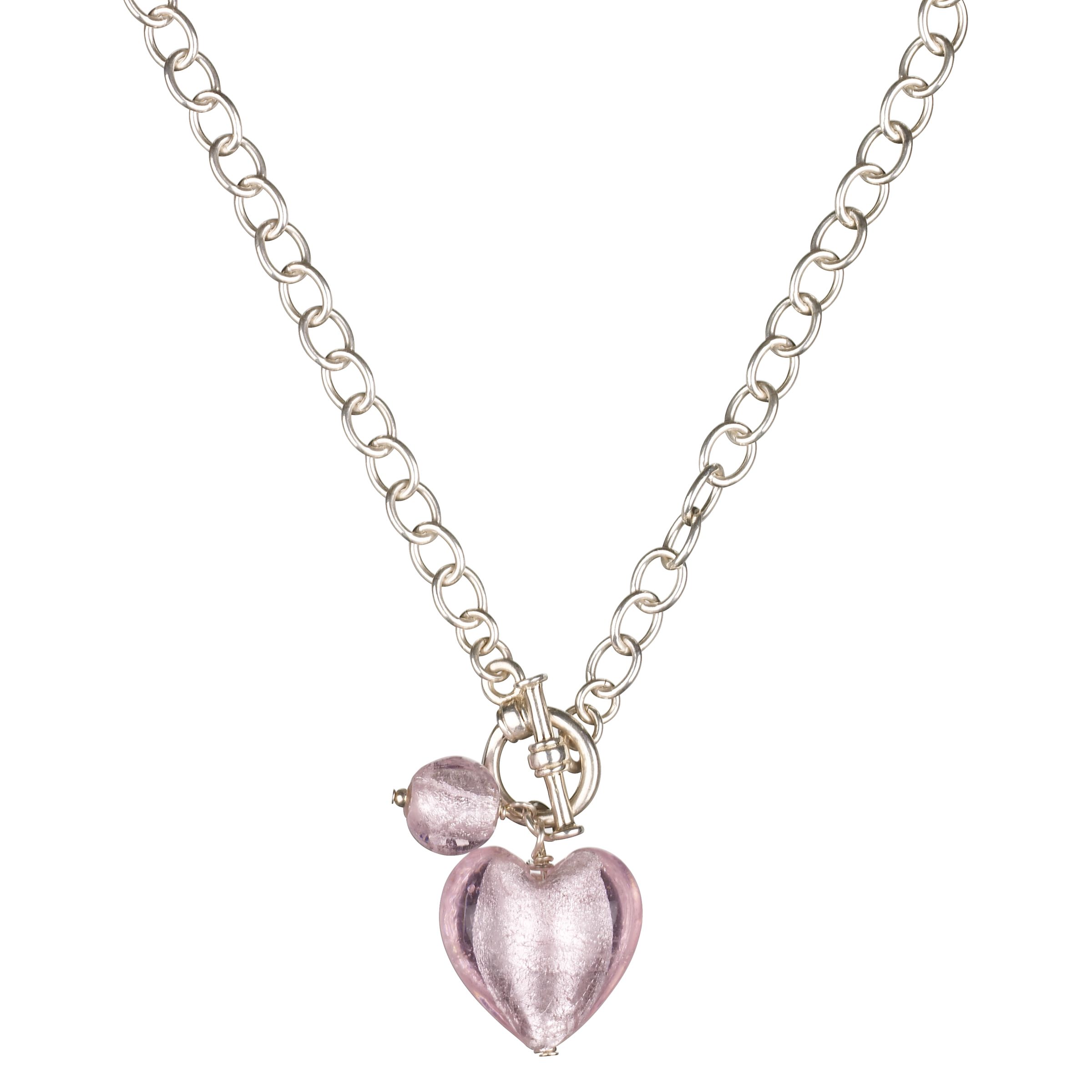 John Lewis Silver Heart Charm Necklace, Pink Venetian Glass