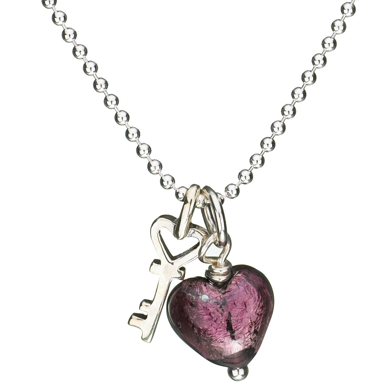Martick Jewellery Murano Glass Heart amp Key Charm Necklace Plum MJ1378
