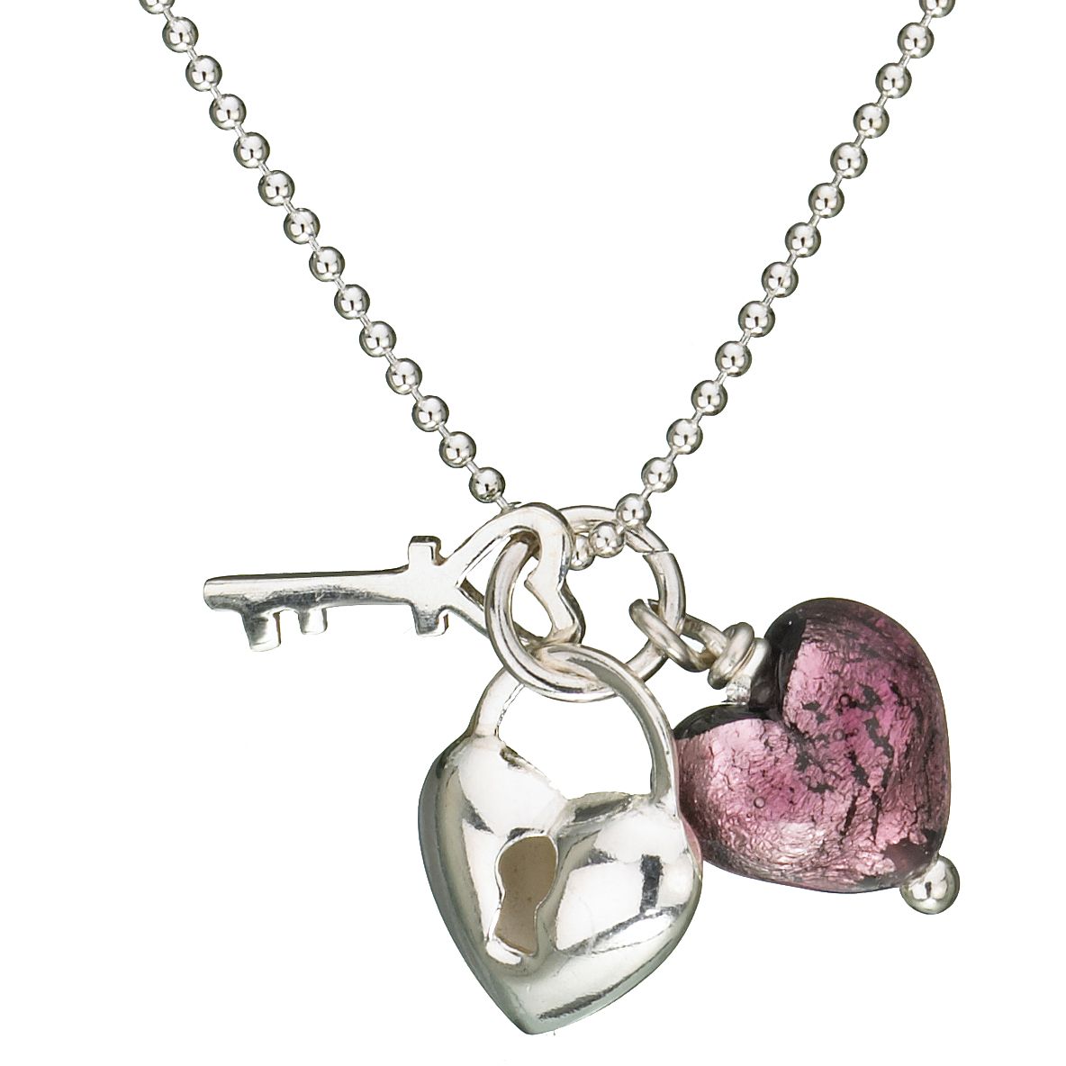 Martick Jewellery Murano Glass Heart Padlock amp Key Charm Necklace Plum MJ1377